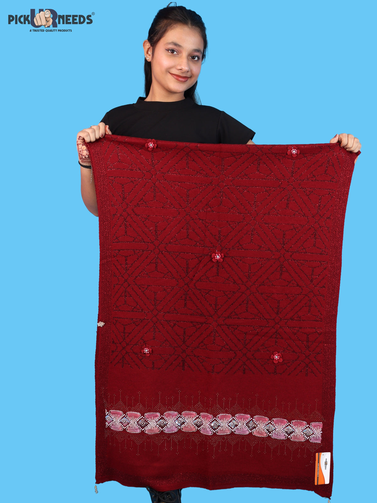 Pick Ur Needs Womens Soft Woolen Winter Girls Shawl with Elegant Geometric Design & Floral Embellishments Lightweight Warm Comfortable Ladies Shawl