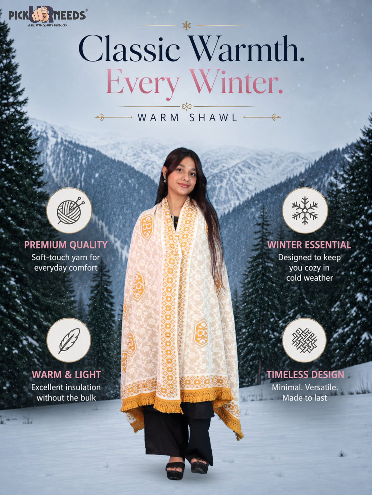 Pick Ur Needs Printed Women’s Woolen Shawl with Elegant Floral Pattern & Fur Border