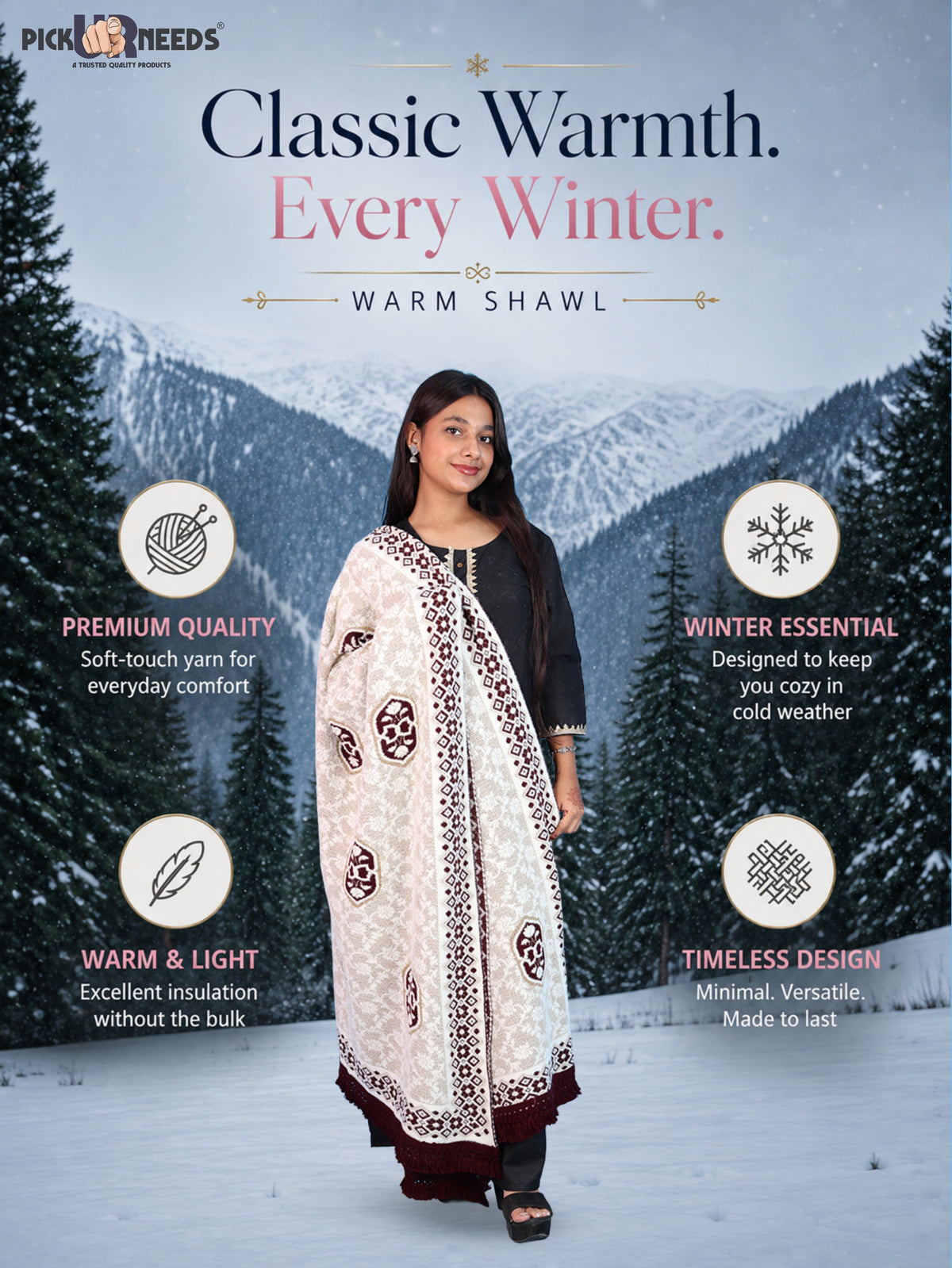 Pick Ur Needs Printed Women’s Woolen Shawl with Elegant Floral Pattern & Fur Border