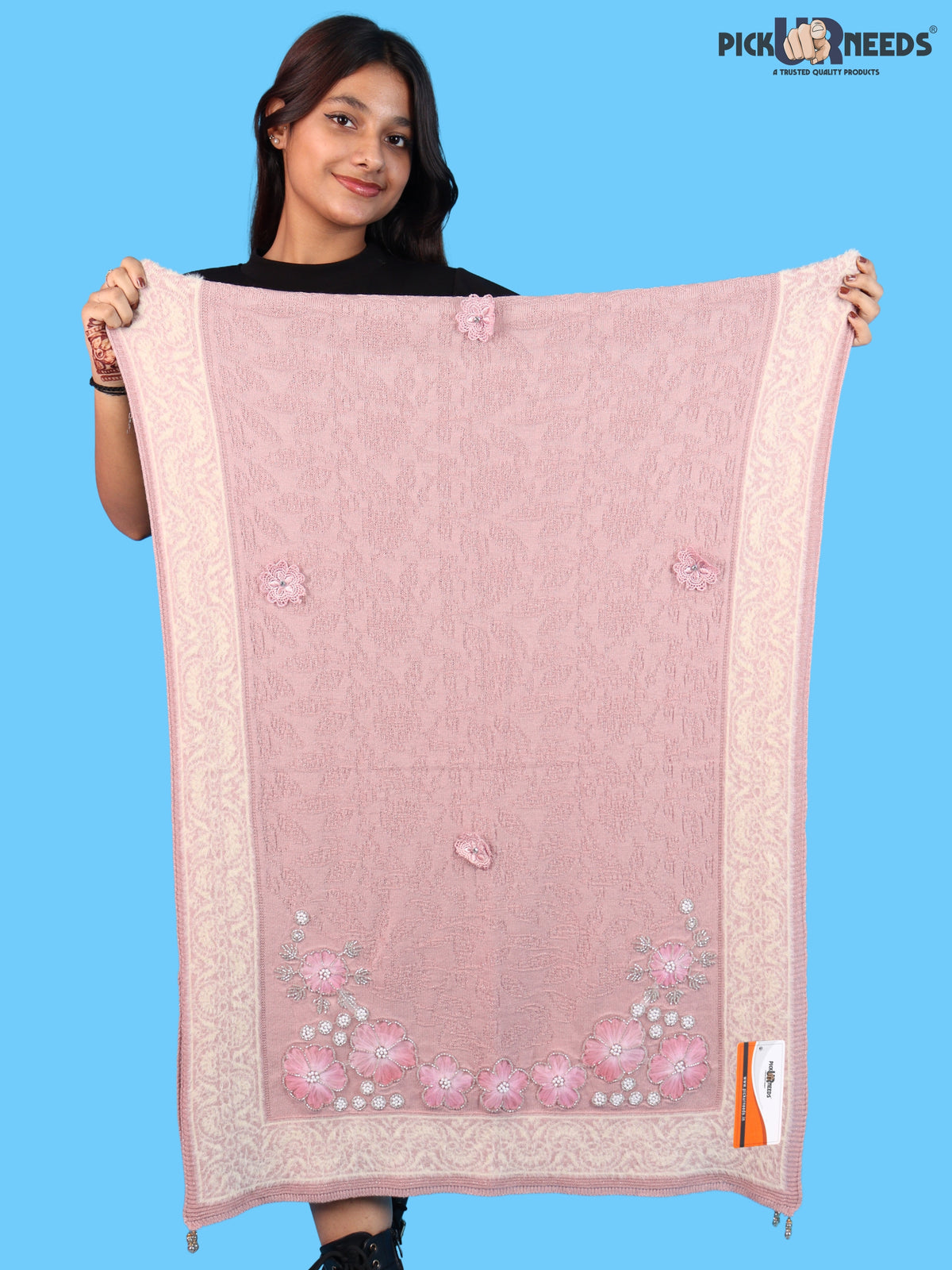Pick Ur Needs Winter Woolen Womens Open Front Stylish Shrug with Elegant Floral Embroidery & Designer Border Soft Warm for Ladies & Girls