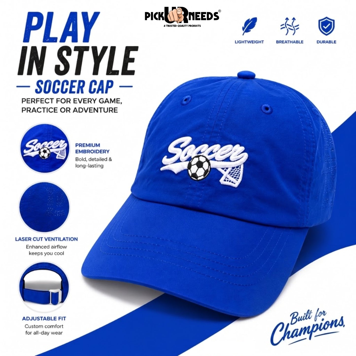 Pick Ur Needs Soccer Embroidered Performance Baseball Cap for Kids & Teens – Breathable Sun Protection Sports Hat, Adjustable Lightweight Soccer Caps