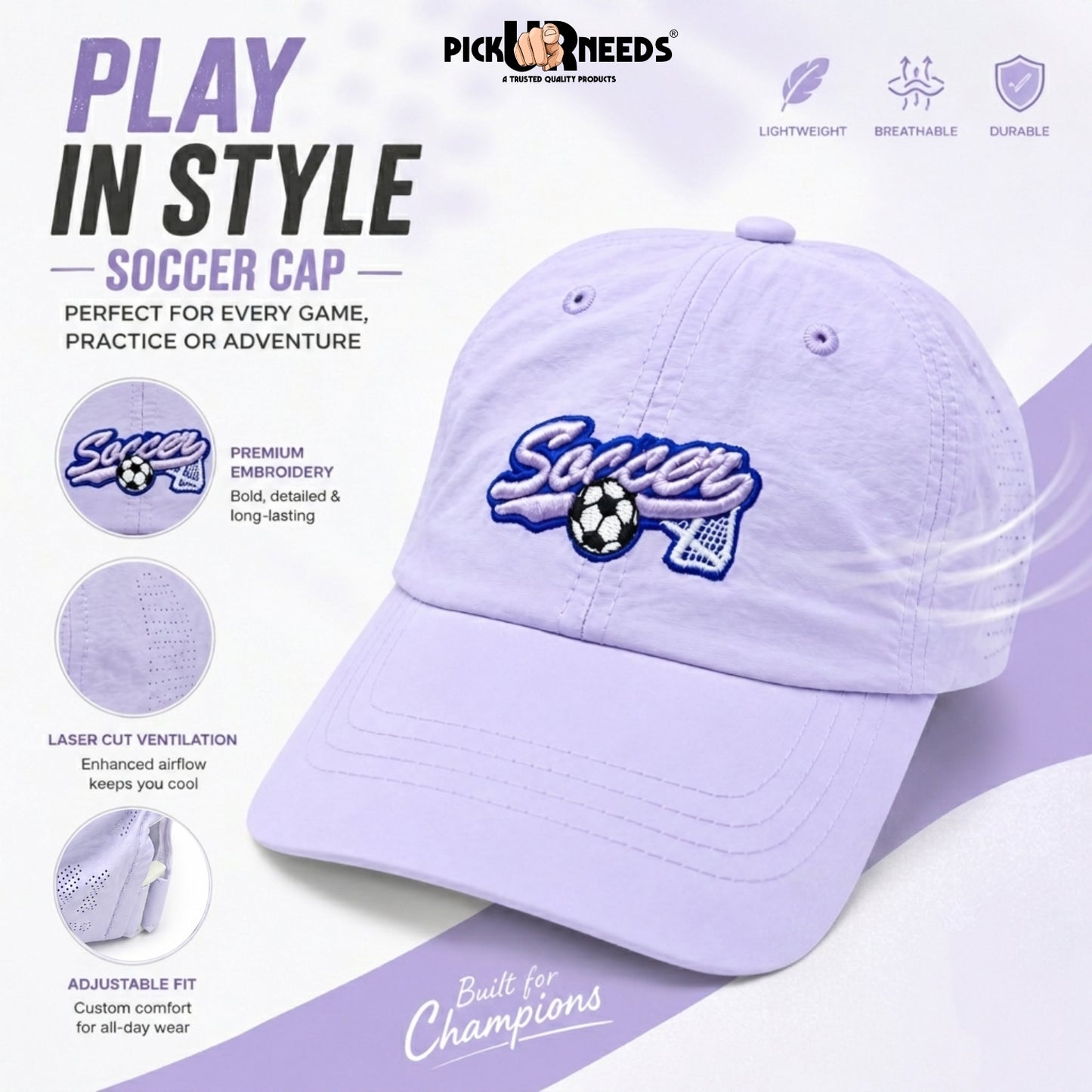 Pick Ur Needs Soccer Embroidered Performance Baseball Cap for Kids & Teens – Breathable Sun Protection Sports Hat, Adjustable Lightweight Soccer Caps