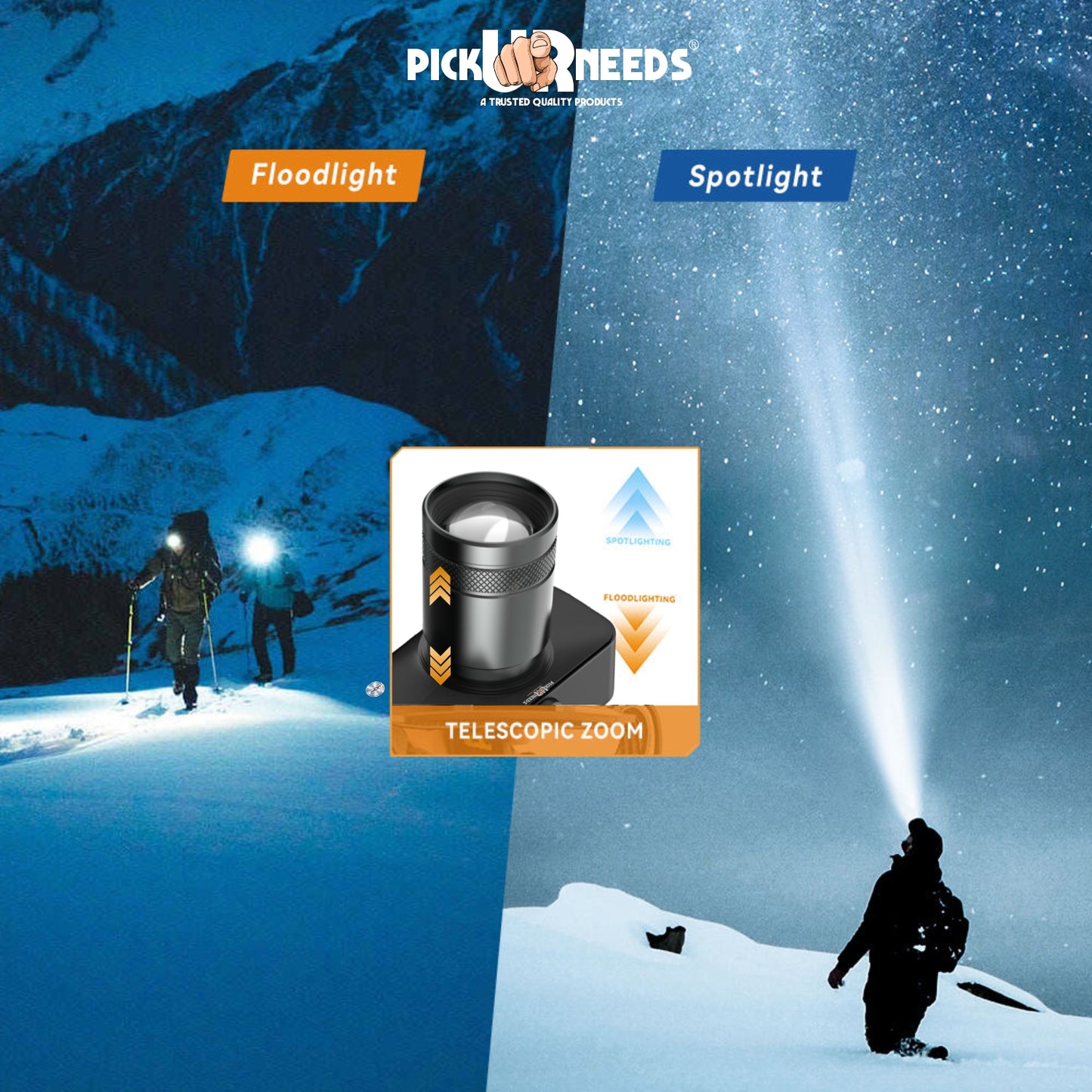 Pick Ur Needs 2 in 1 200W Rechargeable Headlamp – Ultra Bright LED -Zoom, 3 Modes, Metal Body 6 hrs Lantern Emergency Light (Black)