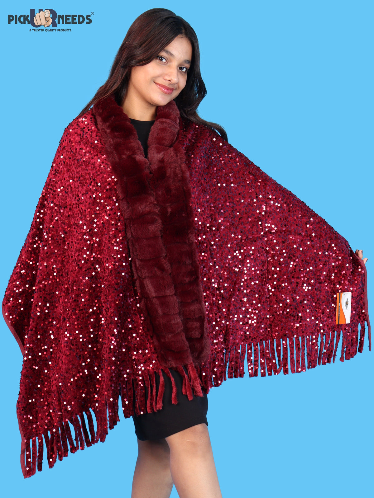 Pick Ur Needs Premium Winter Women Shawl with Shimmering Sequin Work & Soft Fur Border Elegant Warm Designer Shawls with Fringe Tassels for Ladies & Girls