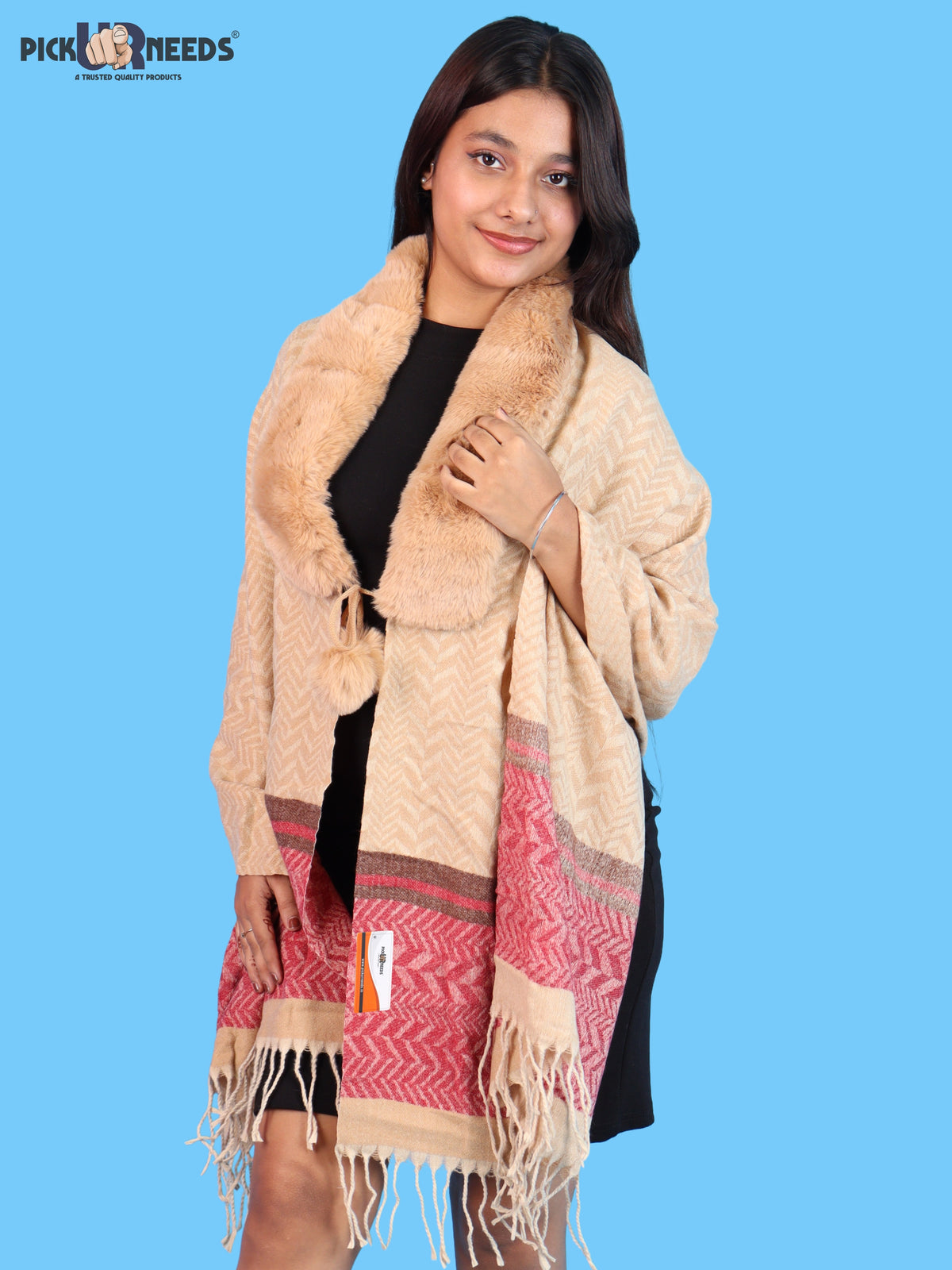 Pick Ur Needs Womens & Girls Designer Winter Shawl with Plush Fur Neckline & Patterned Border Soft Cozy Ladies Shoulder Wrap with Fringed Edges & Pom Pom Tassels