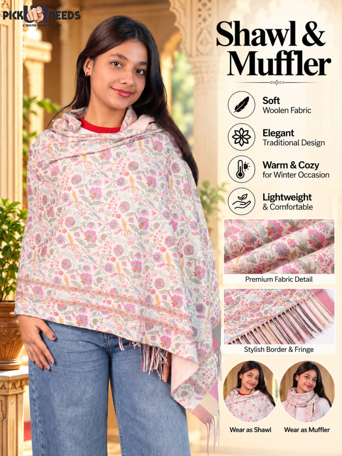 Pick Ur Needs Women & Girls Soft Woolen Shawl Elegant Floral Design Winter Neck Scarf with Decorative Border & Fringes