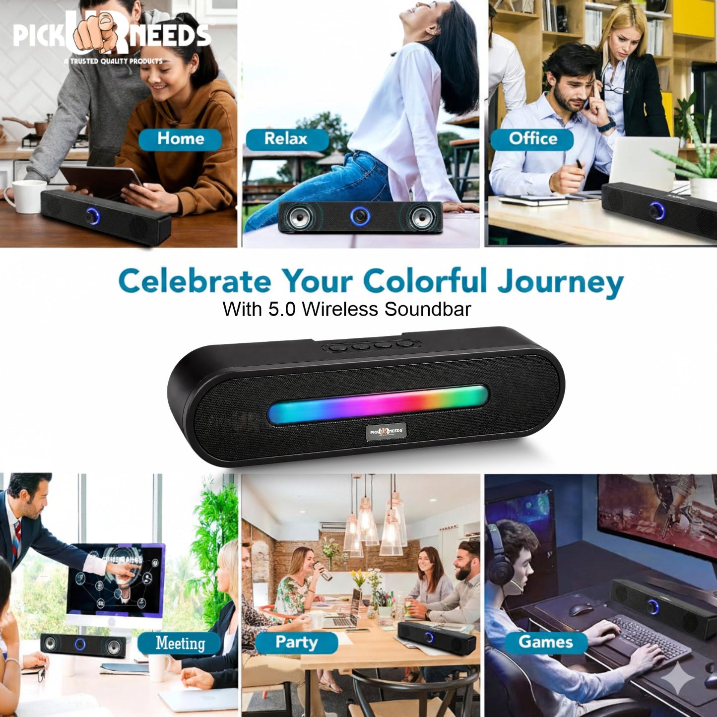 Pick Ur Needs Portable Bluetooth Speaker 1800mAh with RGB LED Lights | Wireless Speaker with USB, TF Card & AUX | Deep Bass Sound Bar for Home & Outdoor