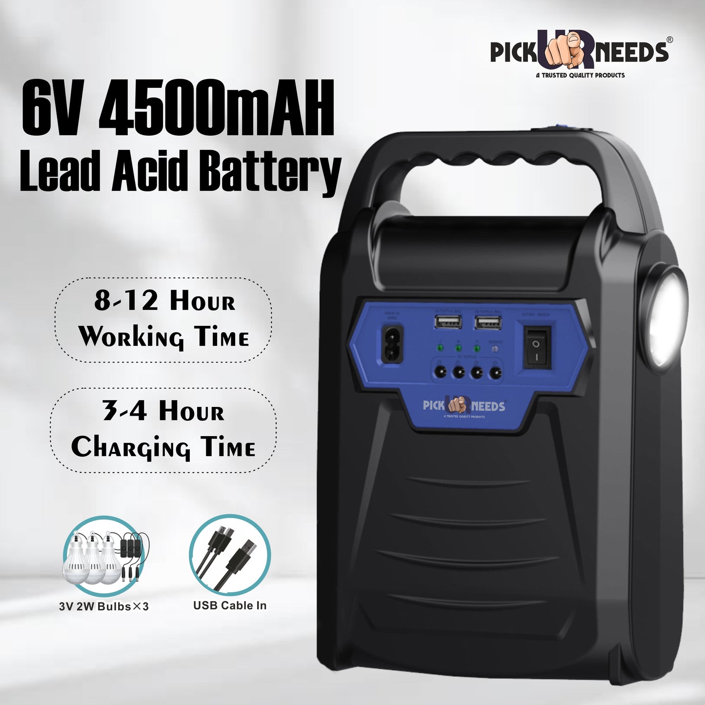 Pick Ur Needs Solar Chargeable Inverter Set Torch + Side Emergency Light + 3 Bulb 2 USB Port 7 hrs Torch Emergency Light