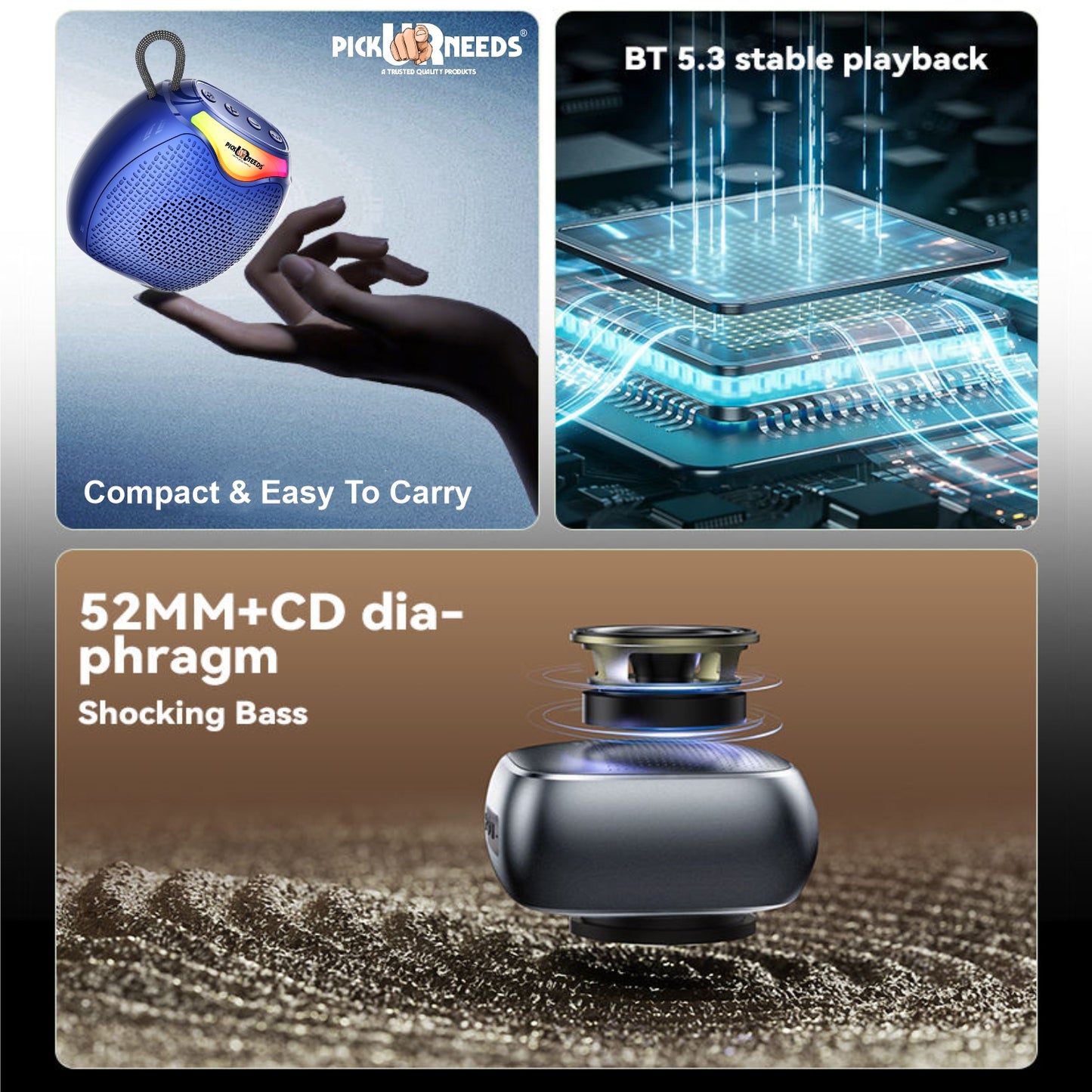 Pick Ur Needs 12W Portable Wireless Bluetooth Speaker with RGB Lights, 800mAh Battery, TWS, FM Radio, TF Card, USB 10m Wireless Transmission