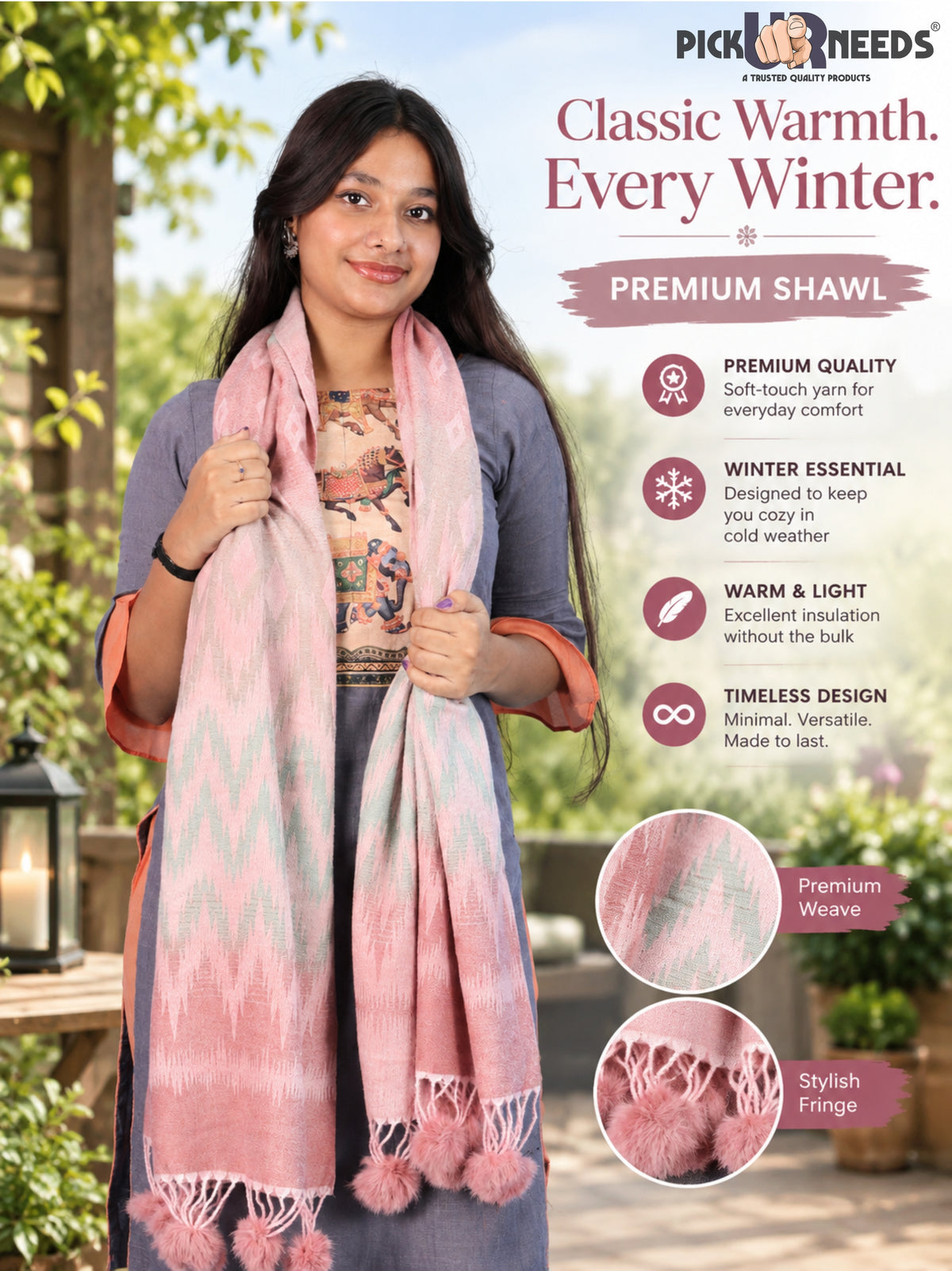 Pick Ur Needs Women Winter Shawl Soft Warm Geometric Printed Woolen Style Stole with Pom Pom Tassels Stylish Long Wrap Muffler for Women & Girls