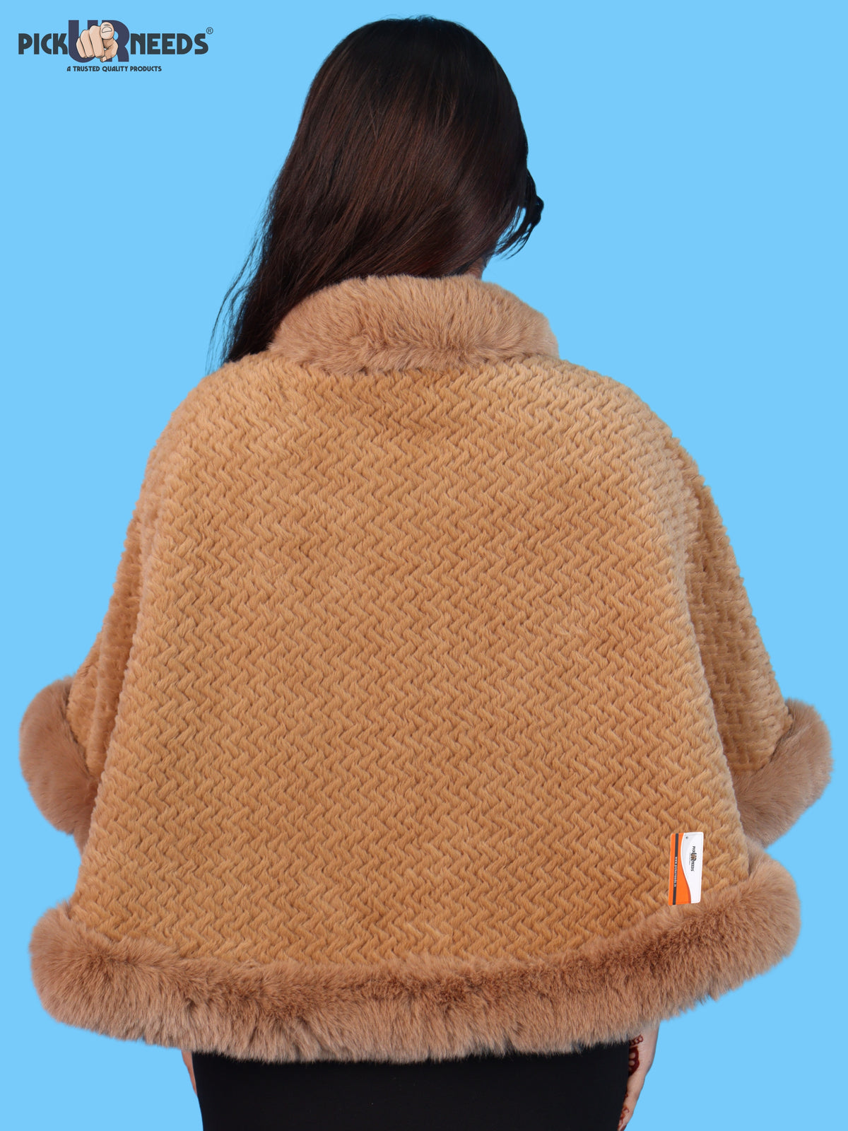 Pick Ur Needs Ladies Winter Shrug with Plush Fur Style Border & Pearl Bead Accents Textured Soft Fabric Open Front Cape Poncho with Wide Sleeves for Girls & Women