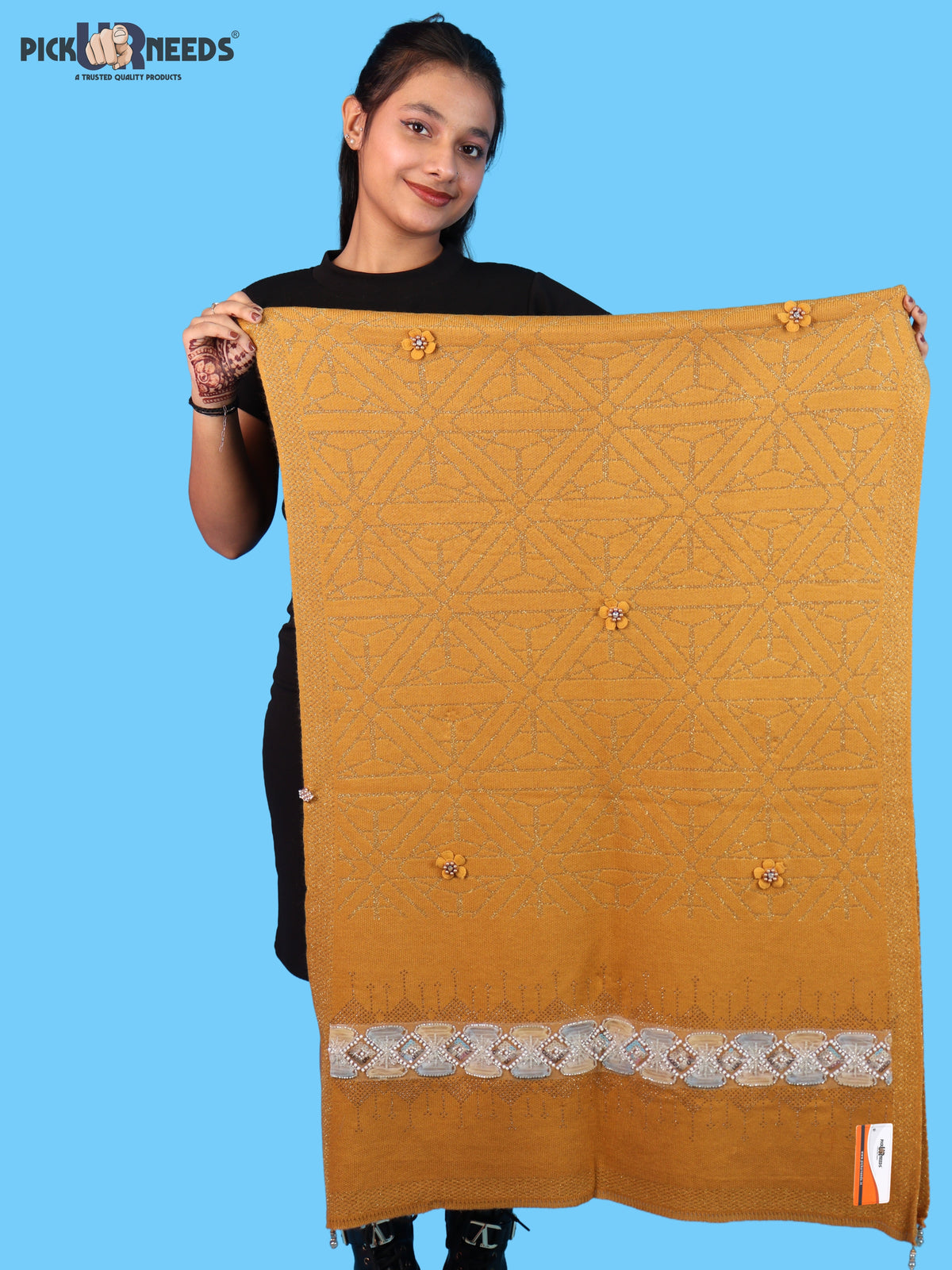 Pick Ur Needs Womens Soft Woolen Winter Girls Shawl with Elegant Geometric Design & Floral Embellishments Lightweight Warm Comfortable Ladies Shawl