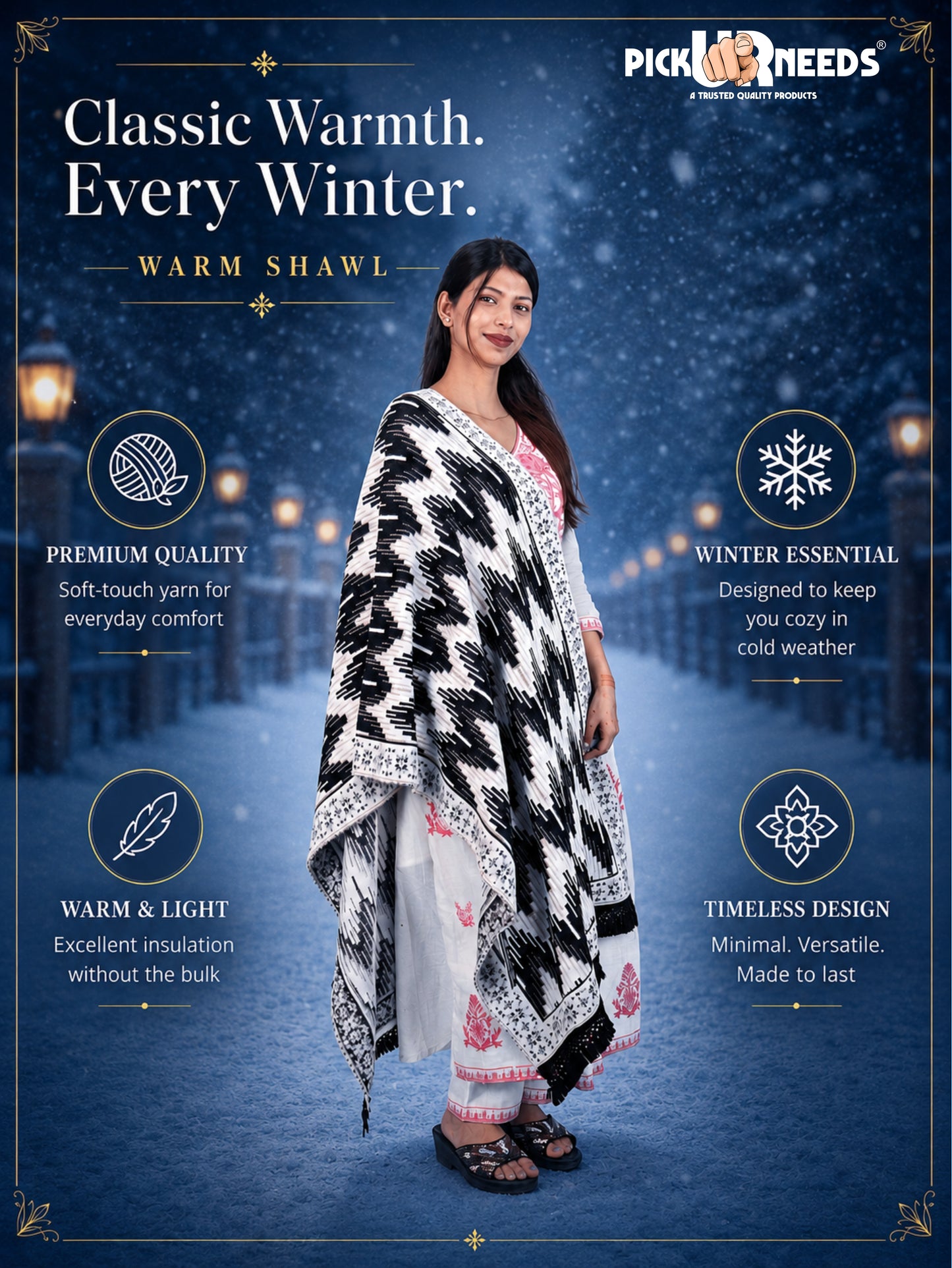 Pick Ur Needs Premium Wool Shawl For Womens & Girls Winter Muffler Soft Knitted Designer Wrap Warm Stole