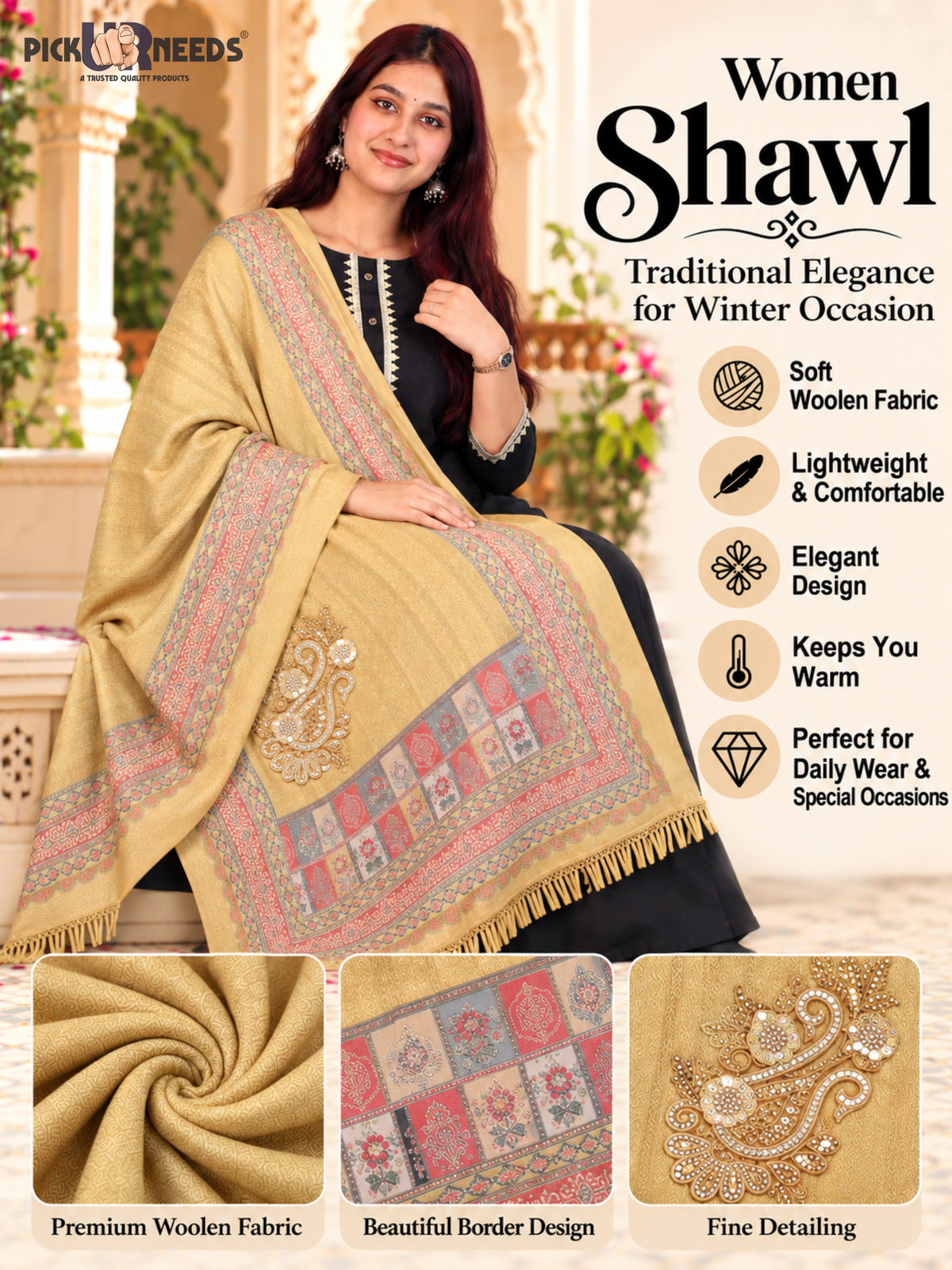 Pick Ur Needs Premium Soft Woolen Women & Girls Stylish Shawl with Elegant Design for Winter & Wedding