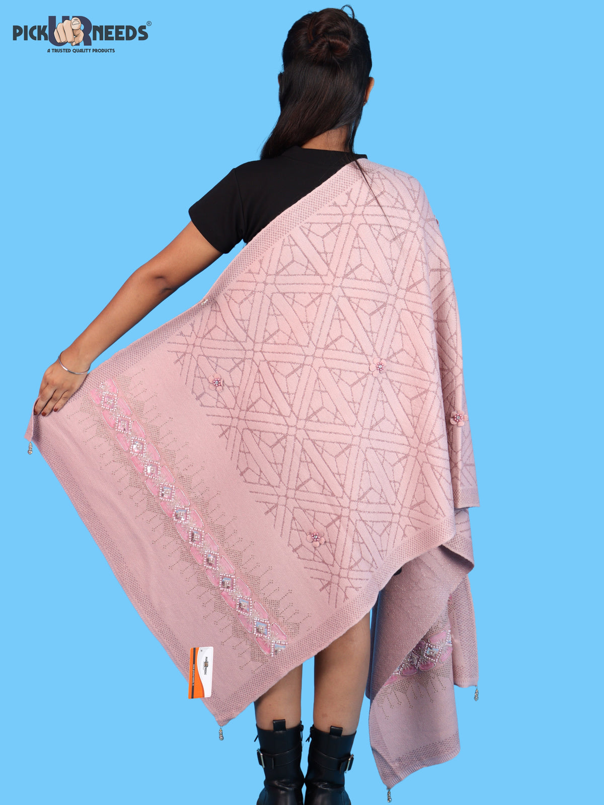Pick Ur Needs Womens Soft Woolen Winter Girls Shawl with Elegant Geometric Design & Floral Embellishments Lightweight Warm Comfortable Ladies Shawl