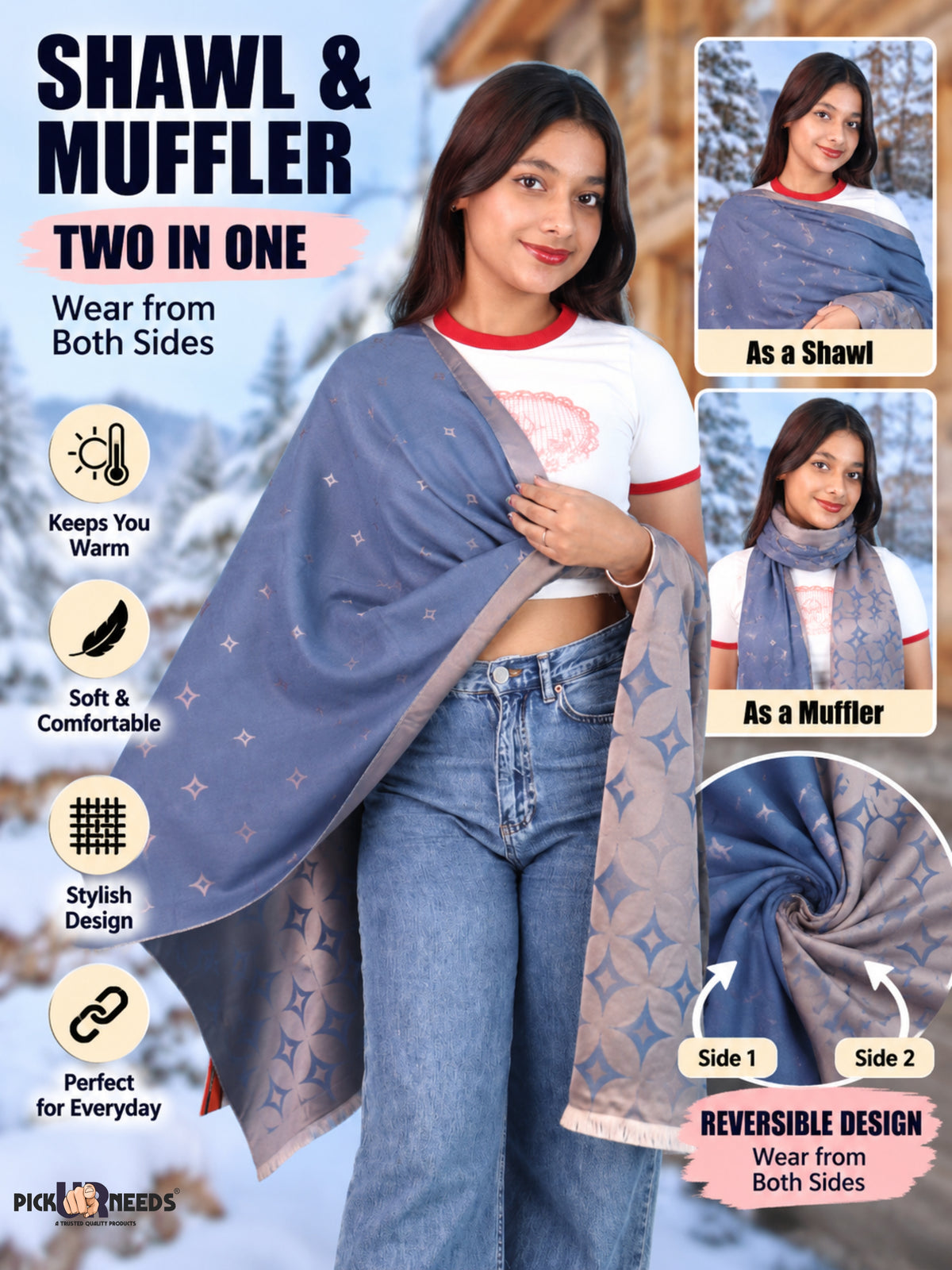 Pick Ur Needs Premium Womens 2-in-1 Reversible Shawl Stylish Printed Winter Shawls for Girls Soft Warm Woolen Stole