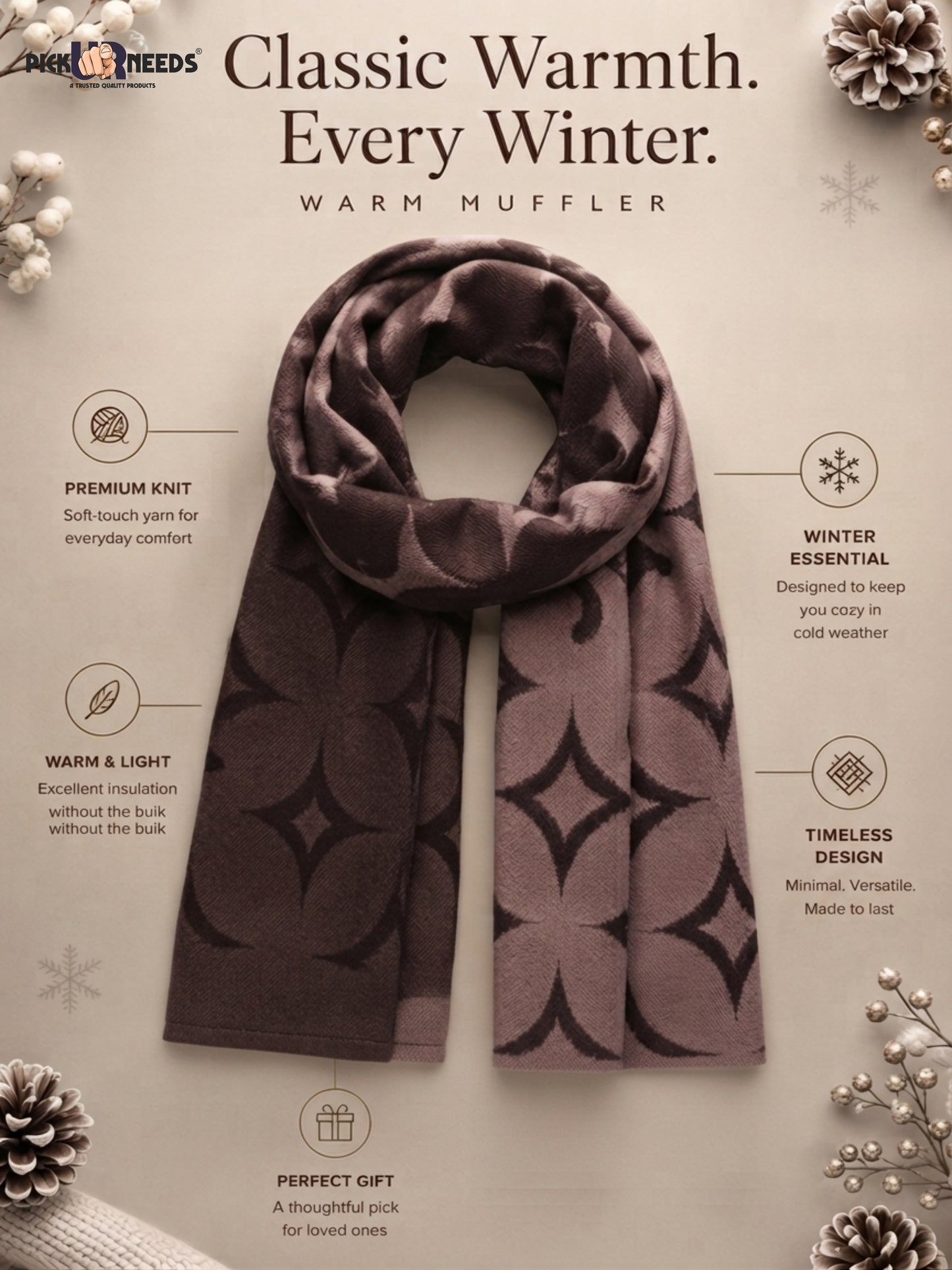 Pick Ur Needs Mens 2-in-1 Reversible Shawl Stylish Printed Winter Shawl for Boys Soft Warm Woolen Stole Premium Large Winter Wrap