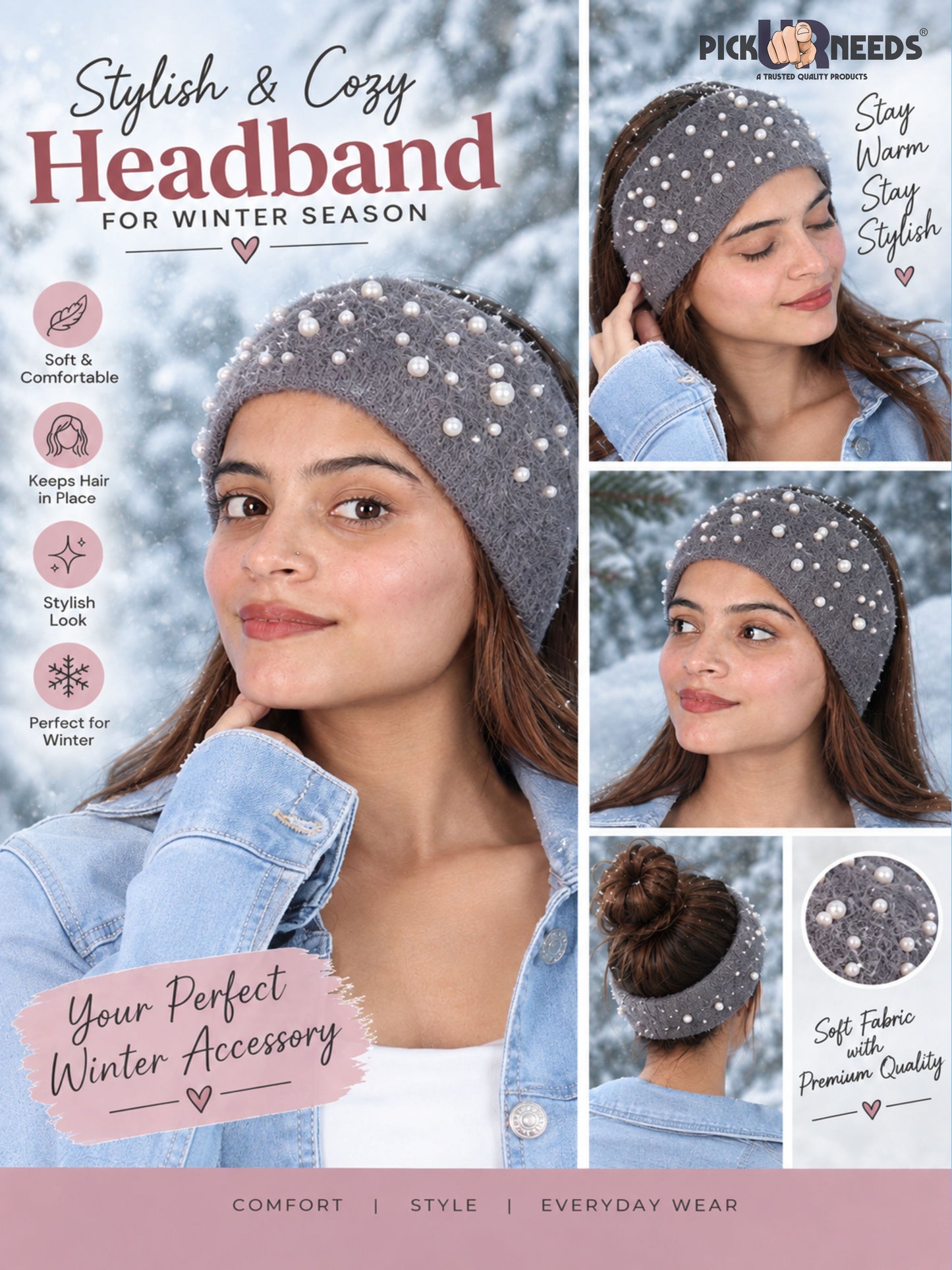 Pick Ur Needs Stylish & Cozy Pearl Embellished Winter Headband