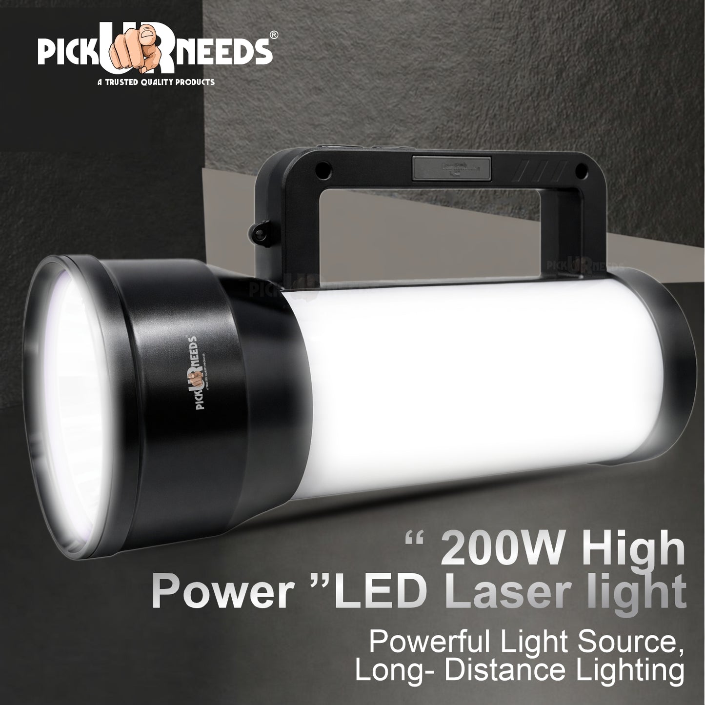 Pick Ur Needs 200W Rechargeable Emergency LED Long Range Distance Search Torch Light with 3600mAh Battery, Type-C Fast Charging Dual Mode Front & Side Light