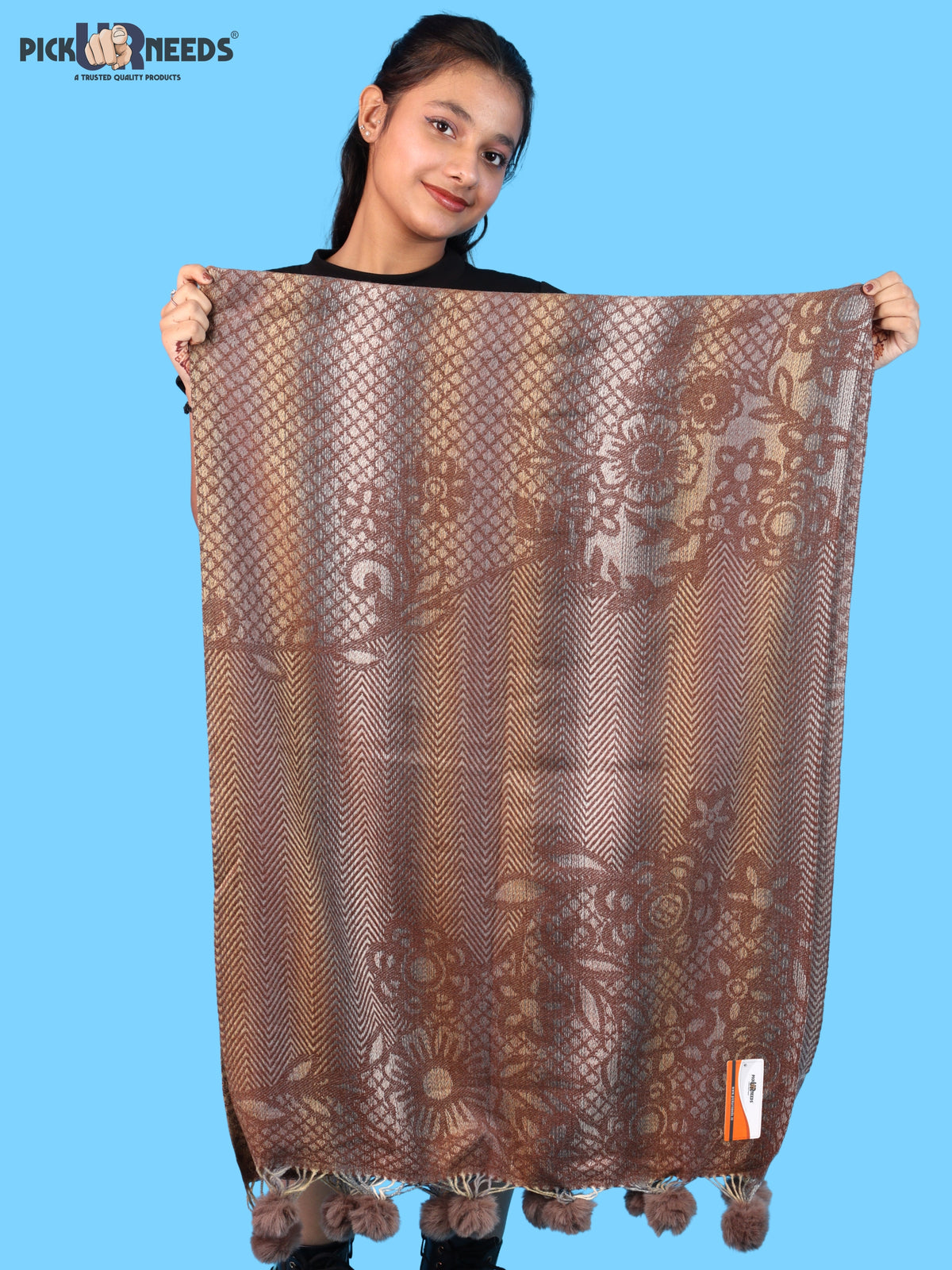 Pick Ur Needs Soft Woolen Designer Winter Shawl with Beautiful Floral Pattern & Pom Pom Tassels For Girls & Womens