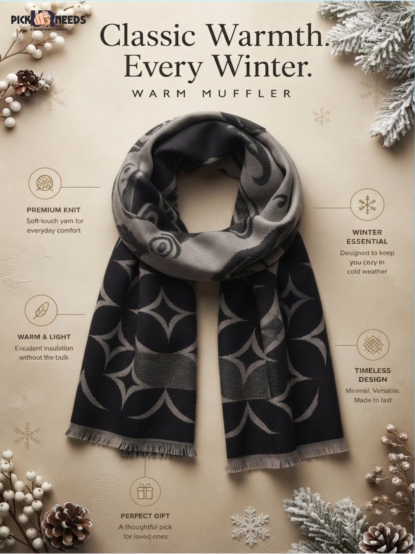Pick Ur Needs Mens 2-in-1 Reversible Shawl Stylish Printed Winter Shawl for Boys Soft Warm Woolen Stole Premium Large Winter Wrap