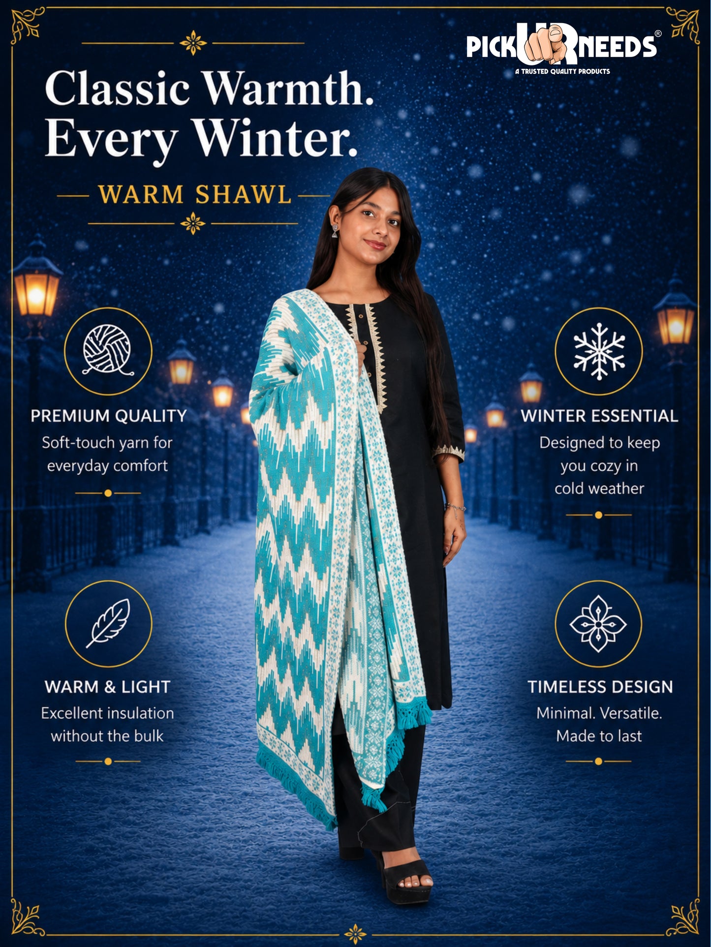 Pick Ur Needs Premium Wool Shawl For Womens & Girls Winter Muffler Soft Knitted Designer Wrap Warm Stole