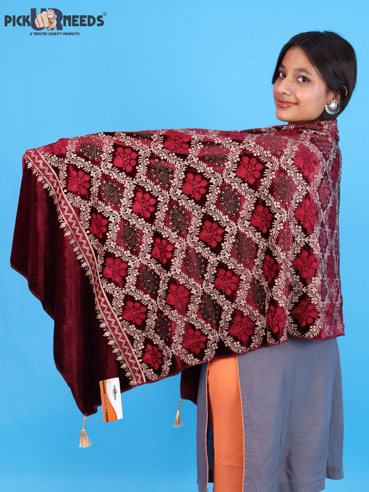 Pick Ur Needs Womens Velvet Woolen Girls Shawl with Elegant Embroidered Design, Warm Winter Wrap for Wedding Parties, Festive Occasions