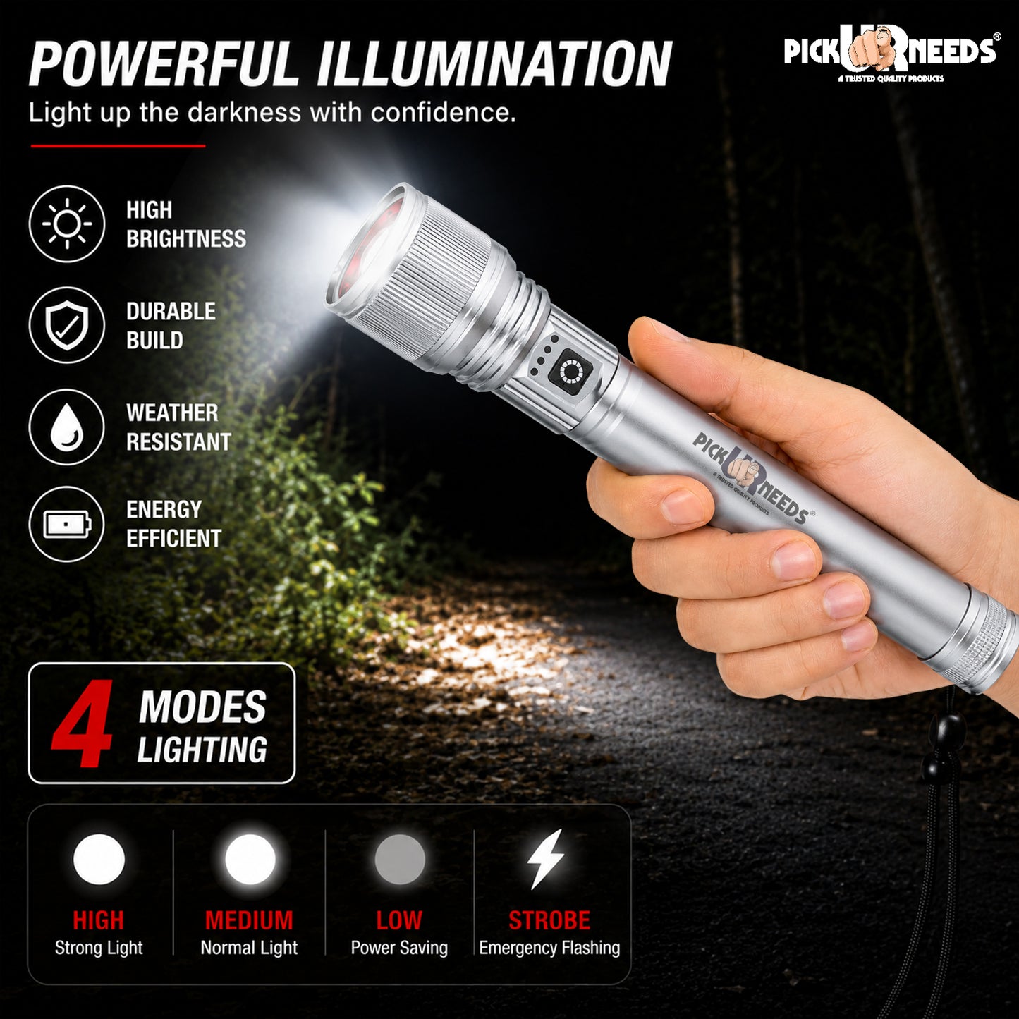 Rechargeable Emergency Pick Ur Needs Metal Torch Light with 4000mAh Battery Long Range Backup Searchlight with 4 Light Modes