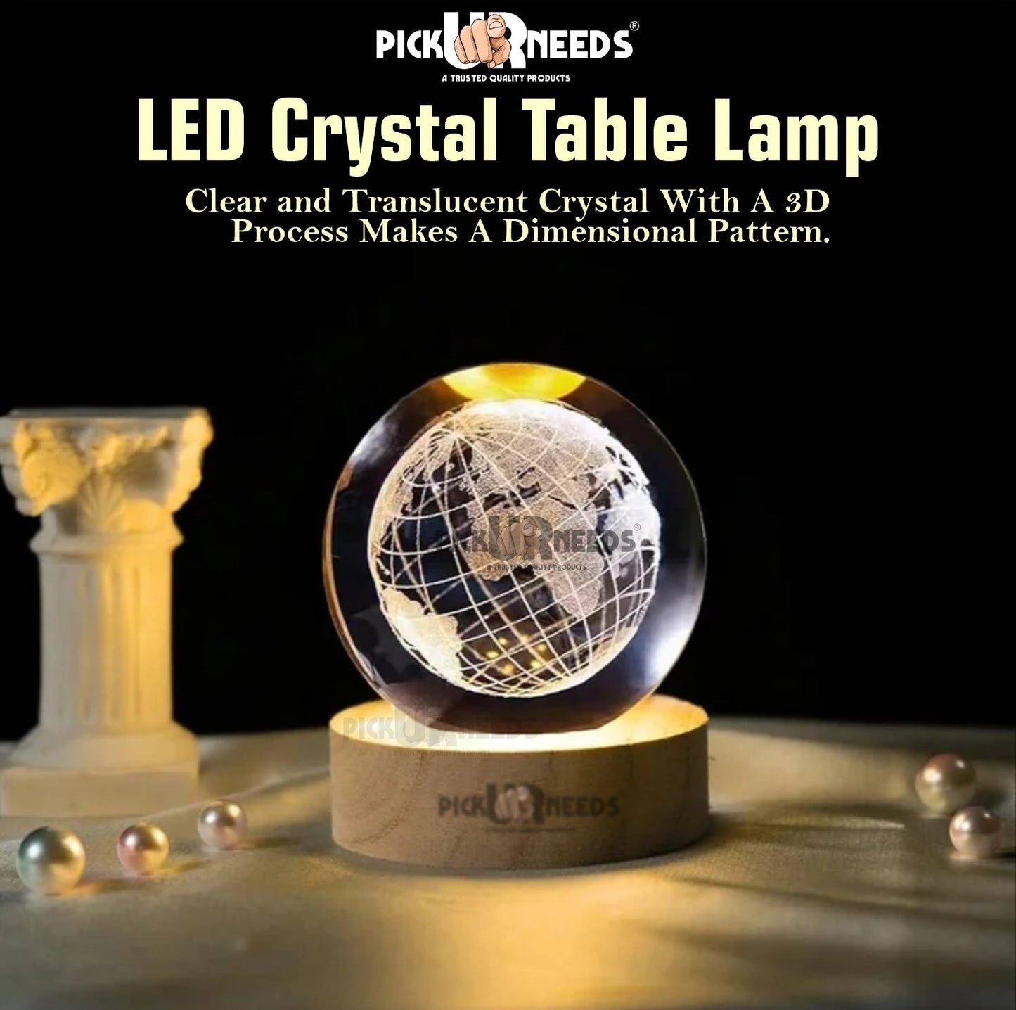 Pick Ur Needs 3D Galaxy Laxmi Ganesh Crystal Ball Night Light– Beech Wood Base– Decor for Home Night Lamp  (9.5 cm, Gold)