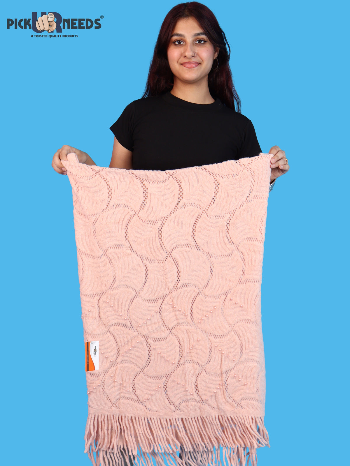 Pick Ur Needs Women & Girls Winter Warm Woolen Shawl Stole with Pearl Work & Fringes – Soft Stylish Wrap