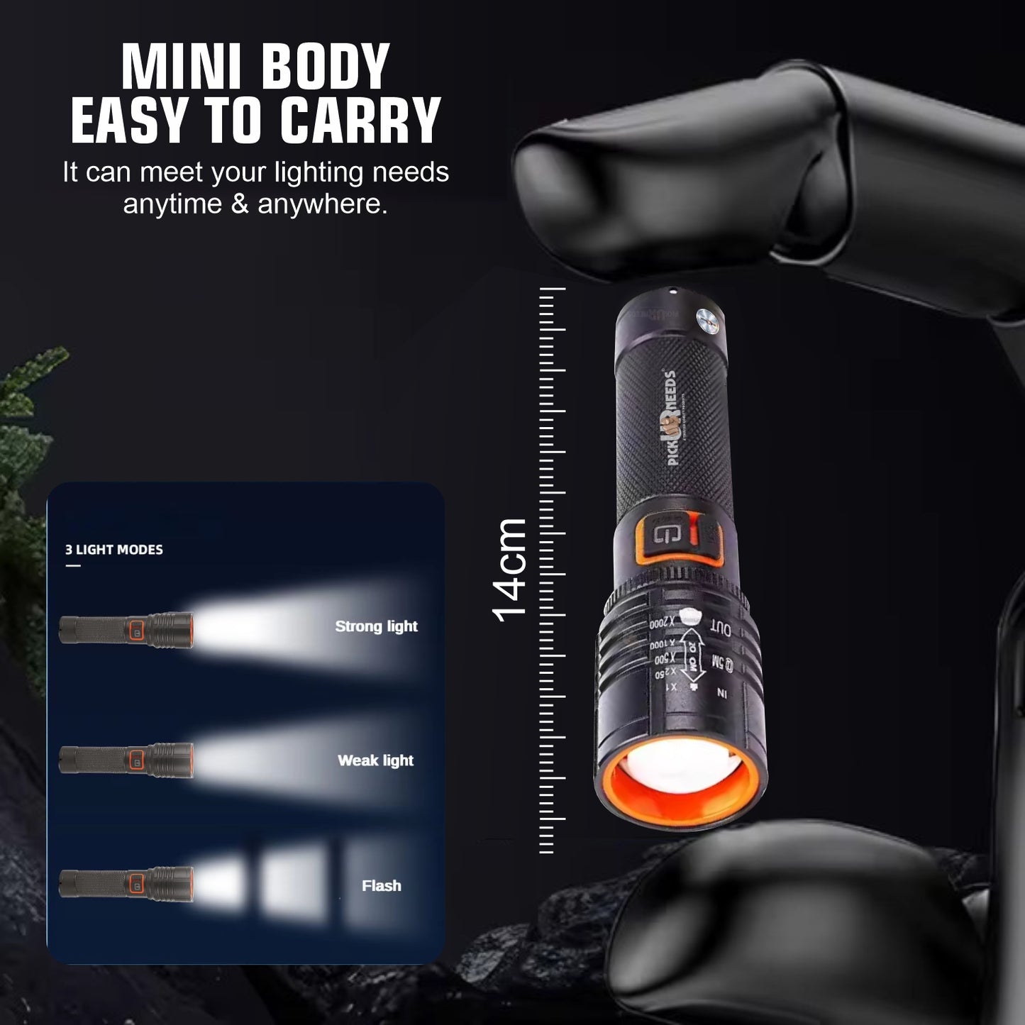 Pick Ur Needs Rechargeable Emergency Search Light Zoomable Head Adjustable 50W High Brightness Type C Charging 3 Mode Long Range Torch Light