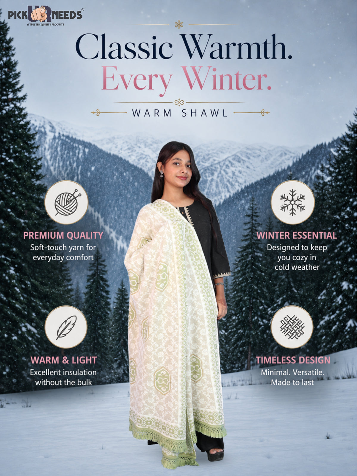Pick Ur Needs Printed Women’s Woolen Shawl with Elegant Floral Pattern & Fur Border
