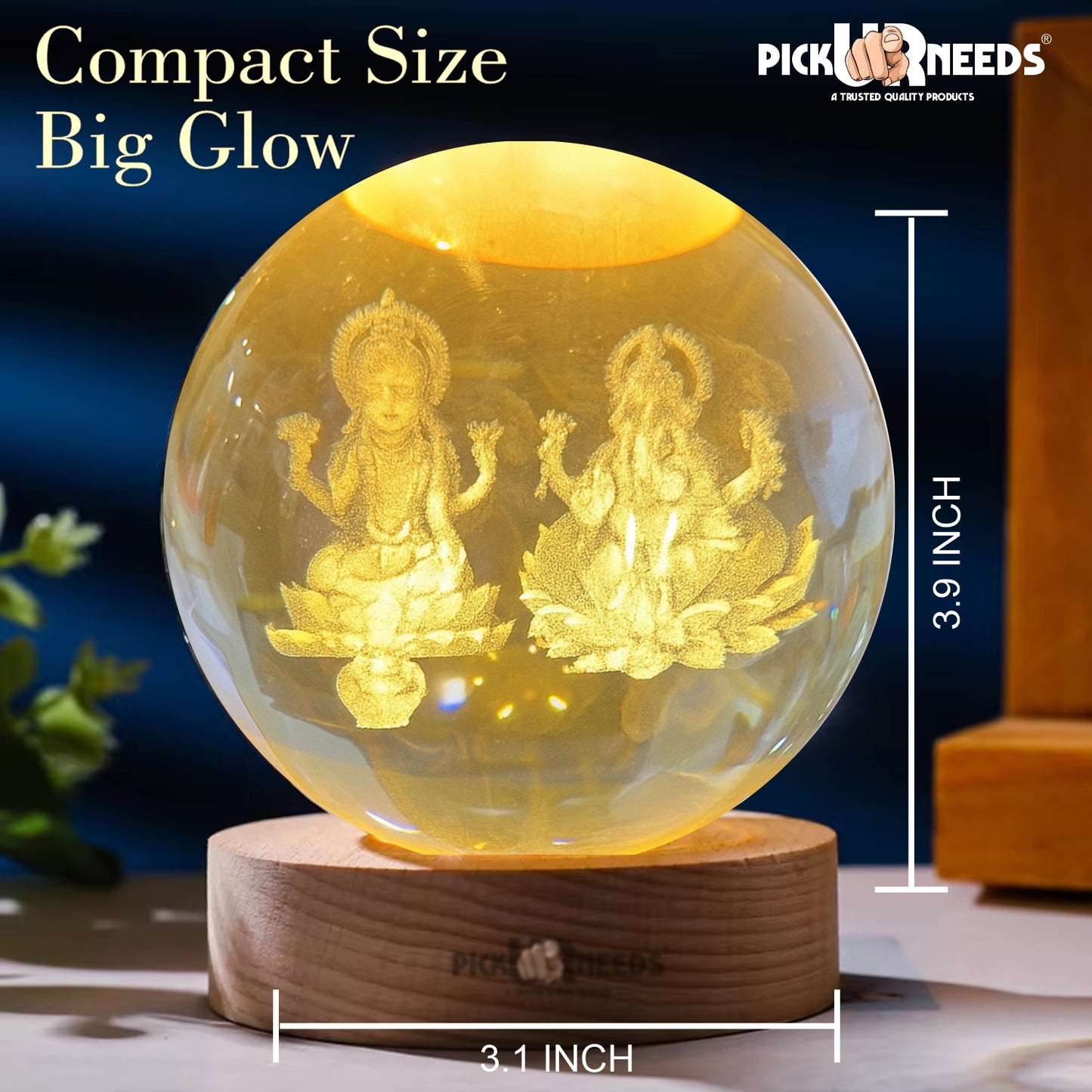 Pick Ur Needs 3D Galaxy Laxmi Ganesh Crystal Ball Night Light– Beech Wood Base– Decor for Home Night Lamp  (9.5 cm, Gold)