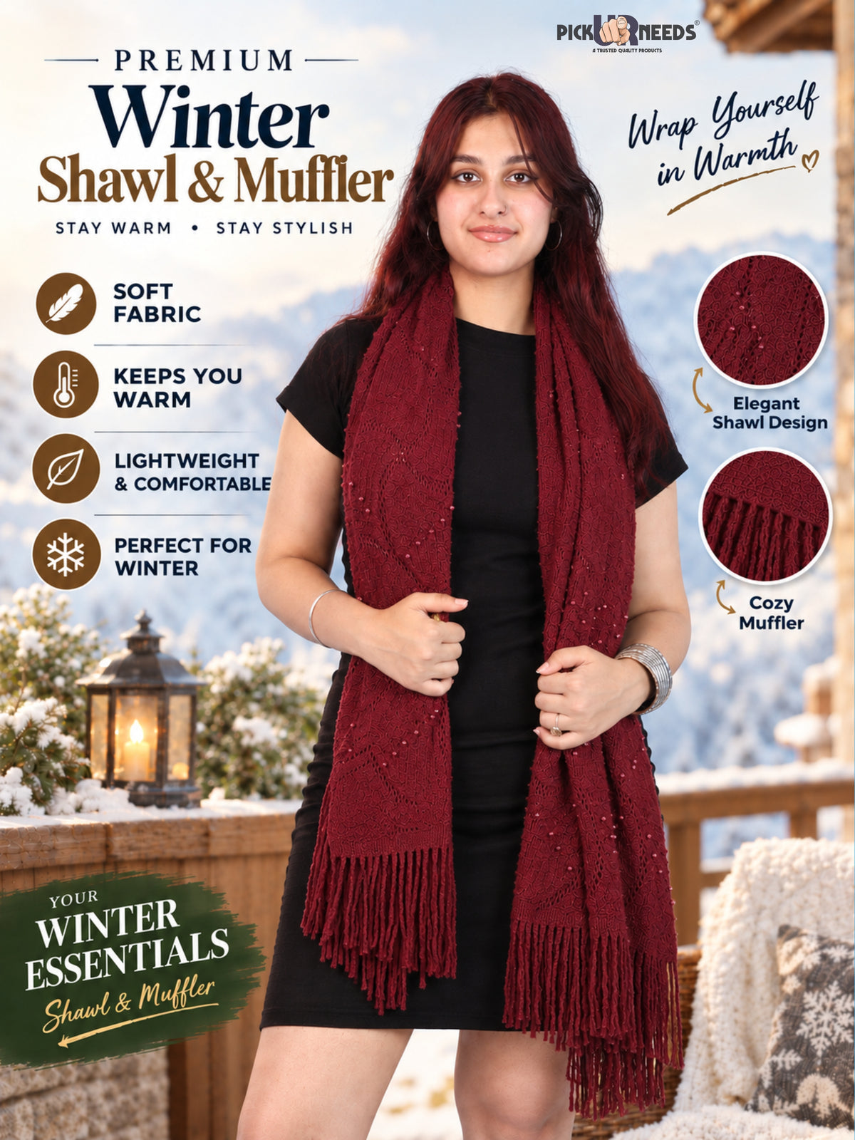 Pick Ur Needs Women & Girls Winter Warm Woolen Shawl Stole with Pearl Work & Fringes – Soft Stylish Wrap