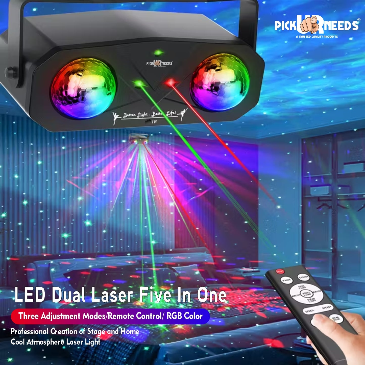 Pick Ur Needs Dual Lens Party Light Projector with Remote – Sound Activated LED Disco Ball Light with RGB Laser & Strobe Effects for Home Party, Club, DJ, Wedding, Stage Lighting – Plug & Play