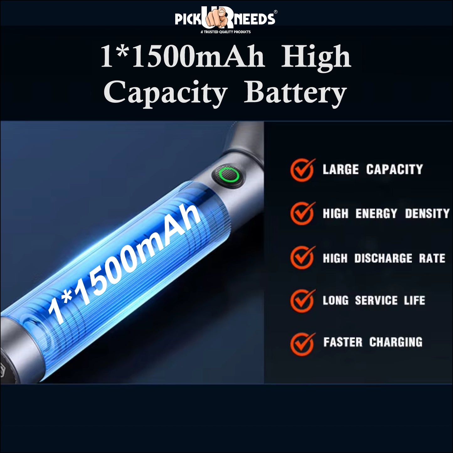 Pick Ur Needs 100W+100W LED Rechargeable Long Range Torch Light with 5 Lighting Modes Flashlight 1500mAh Battery Searchlight for Camping, Outdoor, Hiking, Emergency Use