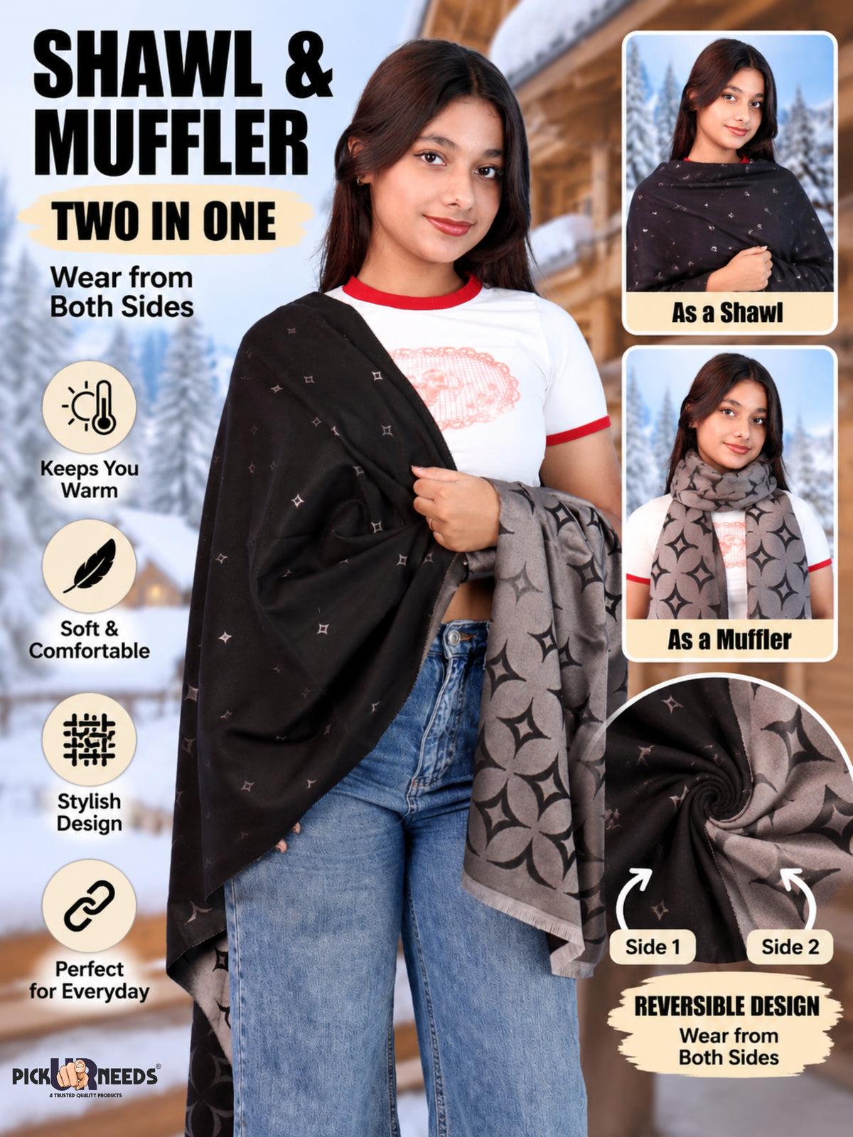 Pick Ur Needs Premium Womens 2-in-1 Reversible Shawl Stylish Printed Winter Shawls for Girls Soft Warm Woolen Stole