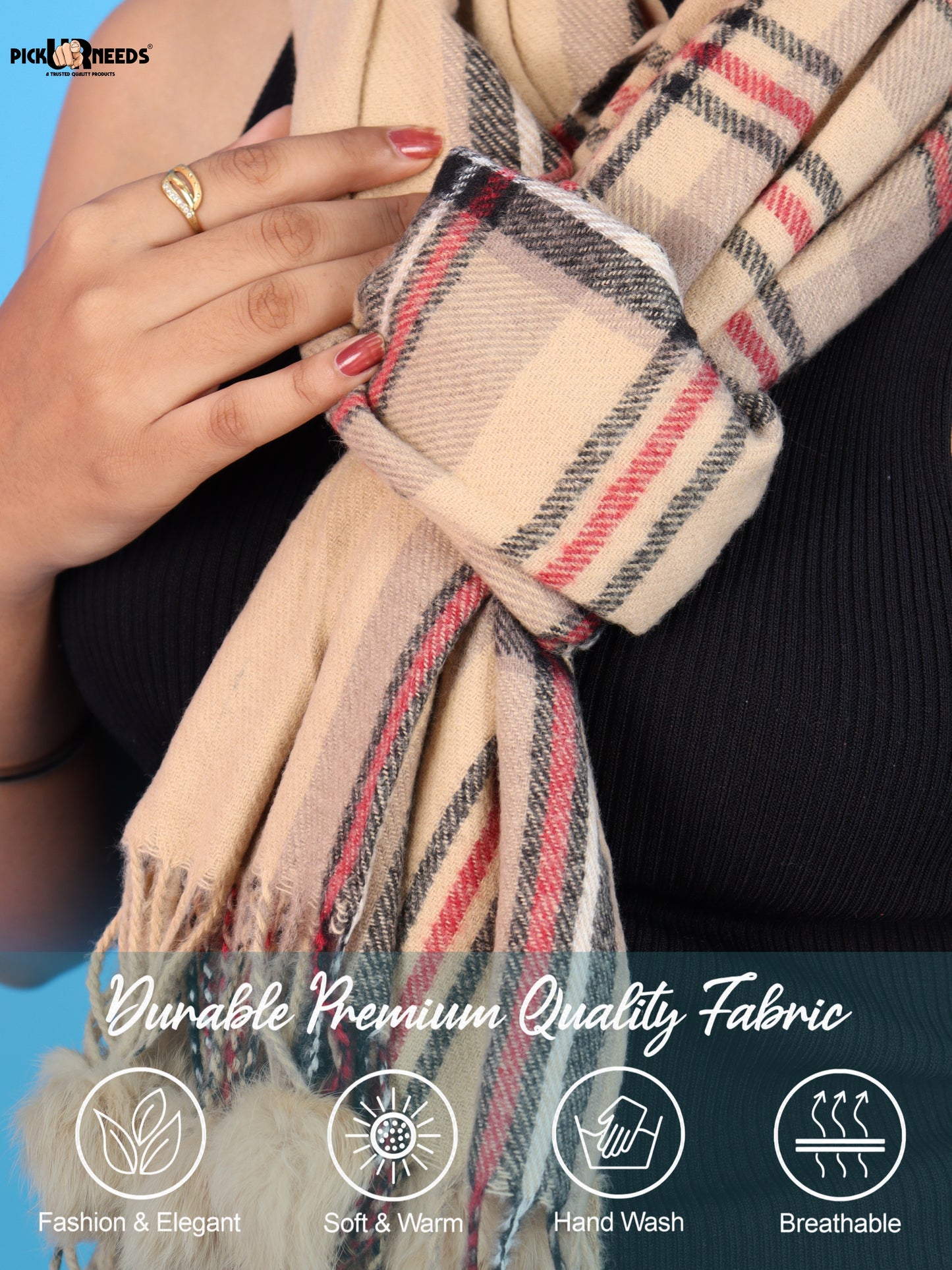 Pick Ur Needs Premium Womens Fashion Stole with Contemporary Check Weave, Decorative Fur Pom Tassels & Multi-Style Winter Wrap Shawl