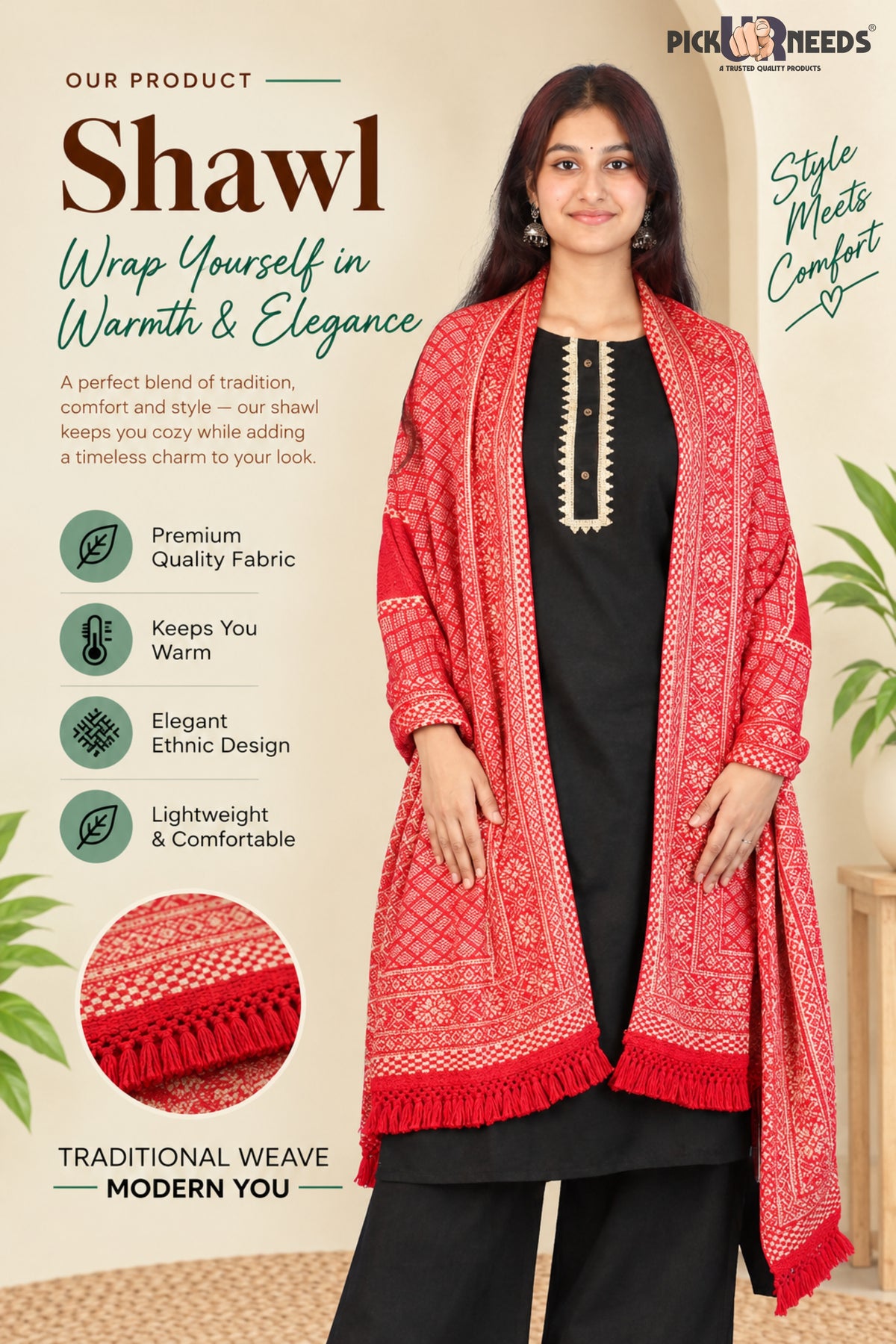 Pick Ur Needs Women & Girls Designer Shawl Stole with Elegant Woven Floral & Geometric Pattern, Soft Warm Winter Wrap with Fringed Border, Stylish Shoulder Scarf for Ladies