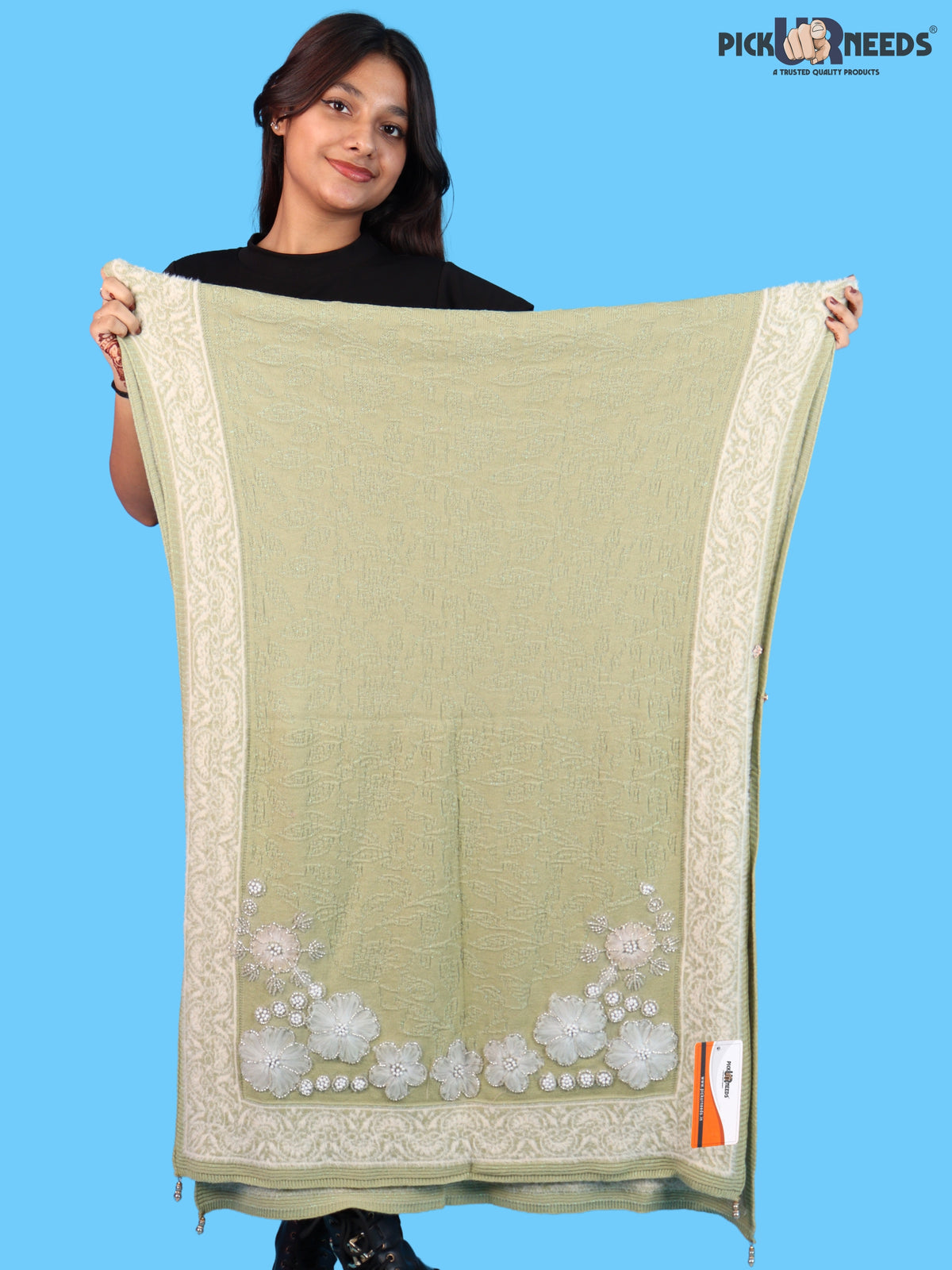 Pick Ur Needs Winter Woolen Womens Open Front Stylish Shrug with Elegant Floral Embroidery & Designer Border Soft Warm for Ladies & Girls