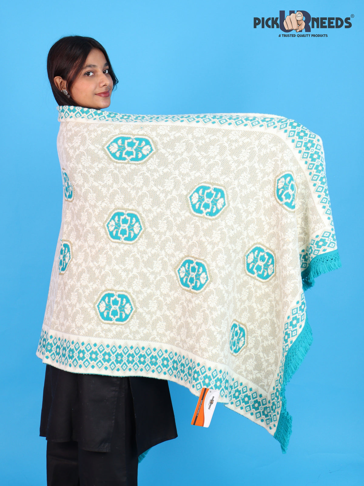 Pick Ur Needs Printed Women’s Woolen Shawl with Elegant Floral Pattern & Fur Border
