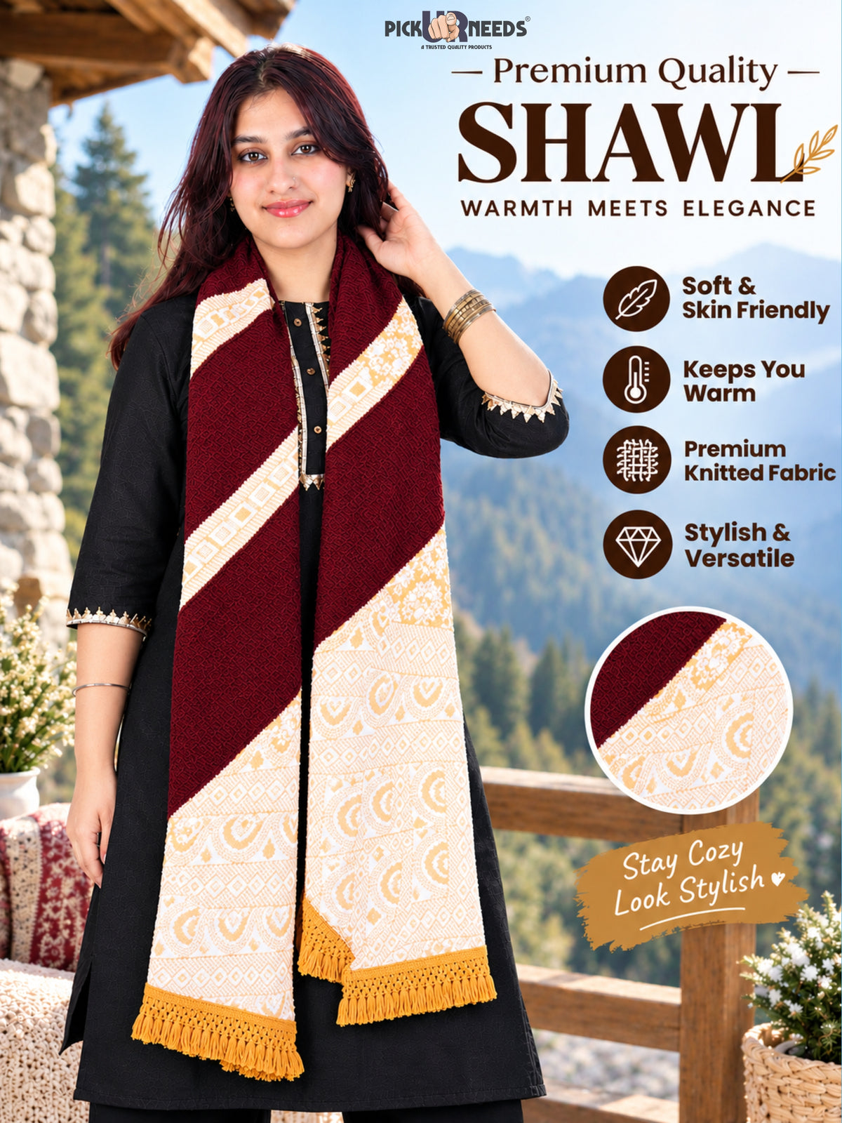 Pick Ur Needs Winter Girls & Womens Woolen Shawl, Soft Warm Printed Wrap with Elegant Pattern & Fringe Border