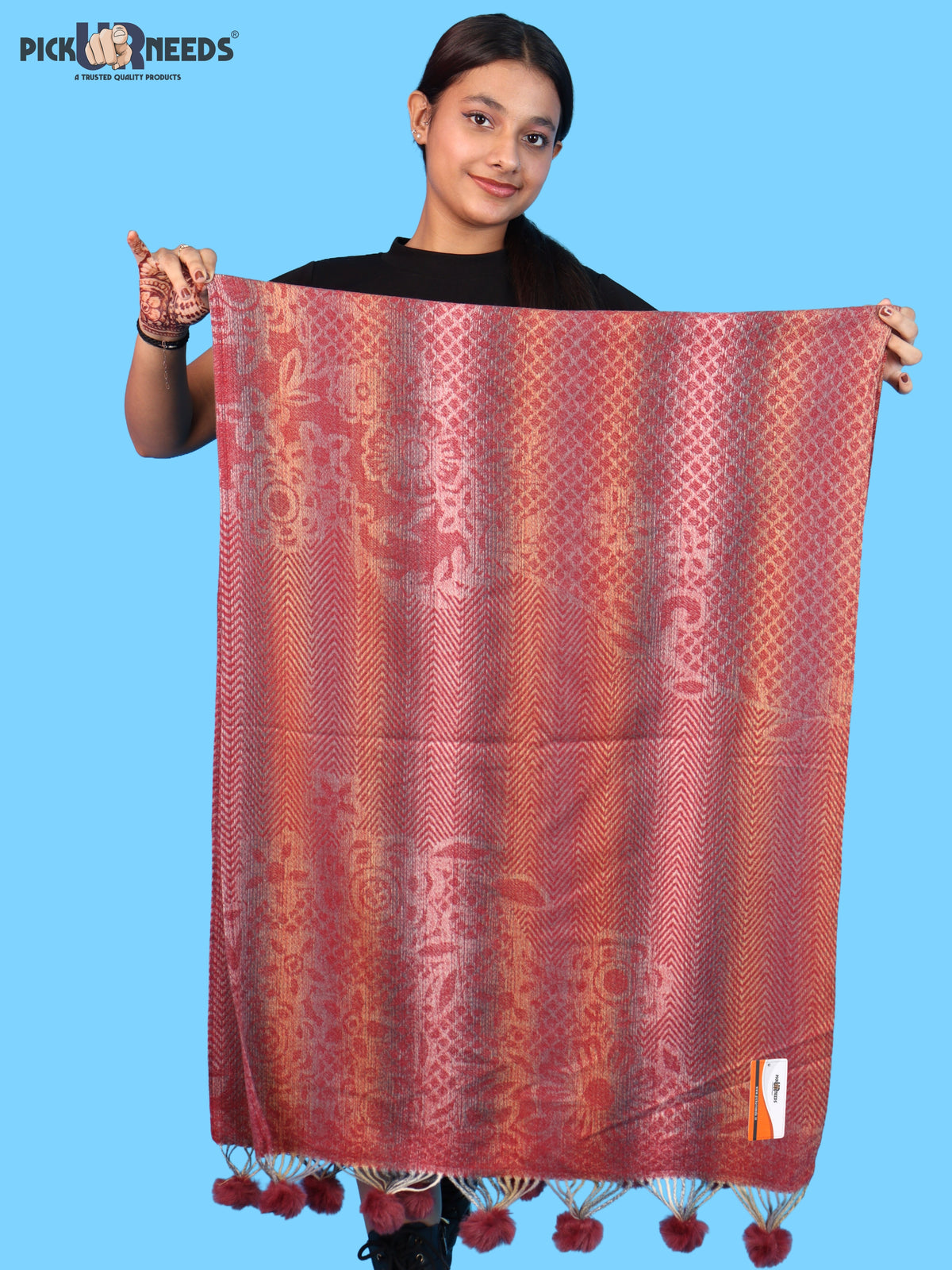 Pick Ur Needs Soft Woolen Designer Winter Shawl with Beautiful Floral Pattern & Pom Pom Tassels For Girls & Womens