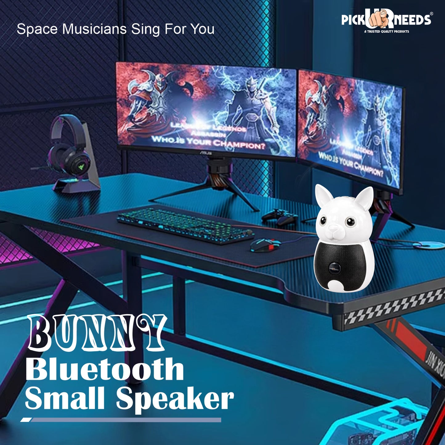 Pick Ur Needs Bunny Bluetooth Speaker | Cute Portable Wireless Speakers with TWS, FM Radio, USB & TF Card | Rechargeable Mini Speaker for Kids & Desk Use