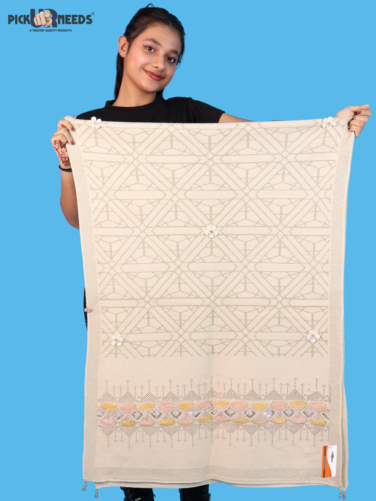Pick Ur Needs Womens Soft Woolen Winter Girls Shawl with Elegant Geometric Design & Floral Embellishments Lightweight Warm Comfortable Ladies Shawl