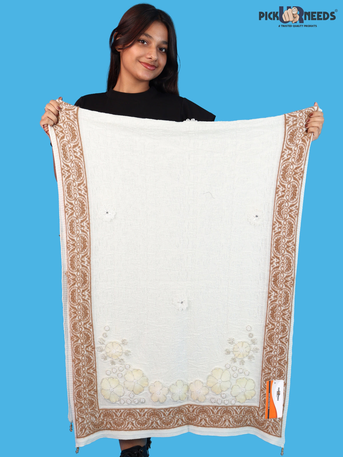 Pick Ur Needs Winter Woolen Womens Open Front Stylish Shrug with Elegant Floral Embroidery & Designer Border Soft Warm for Ladies & Girls