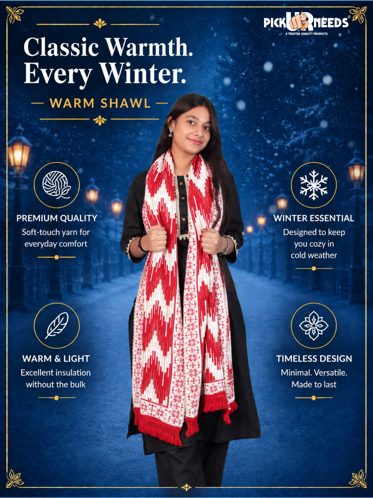 Pick Ur Needs Premium Wool Shawl For Womens & Girls Winter Muffler Soft Knitted Designer Wrap Warm Stole