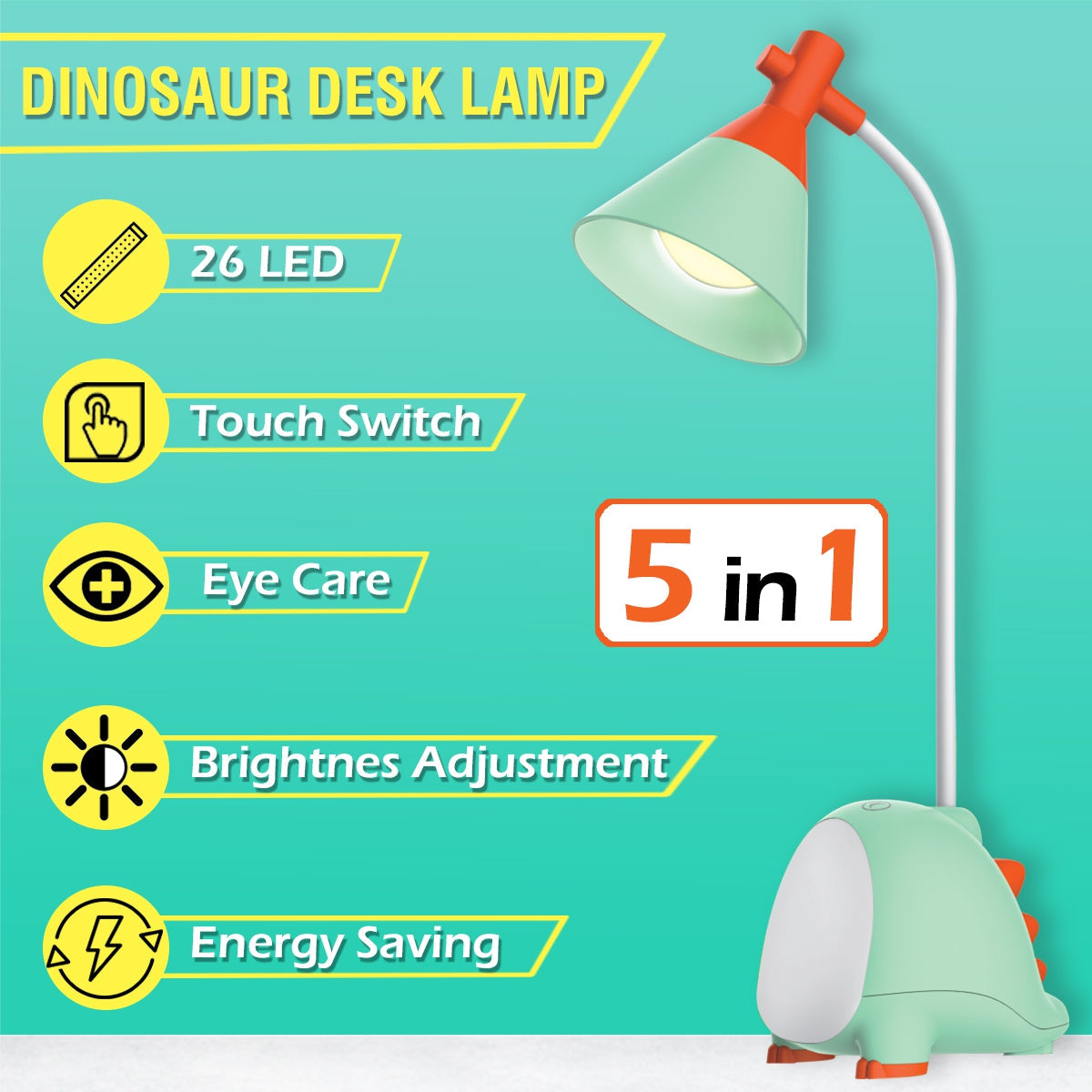 Pick Ur Needs Rechargeable LED Desk Lamp, Touch Dimmer Dinosaur Study Table Lamp with USB Charging