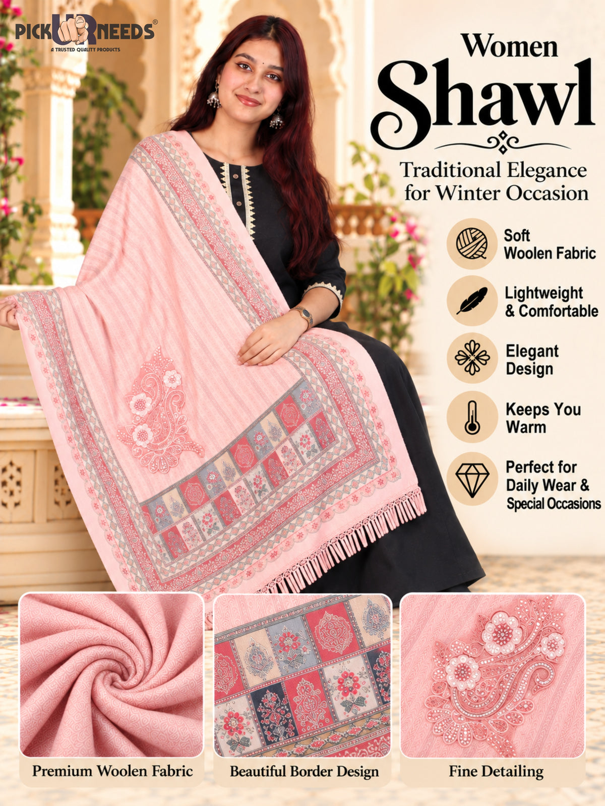 Pick Ur Needs Premium Soft Woolen Women & Girls Stylish Shawl with Elegant Design for Winter & Wedding