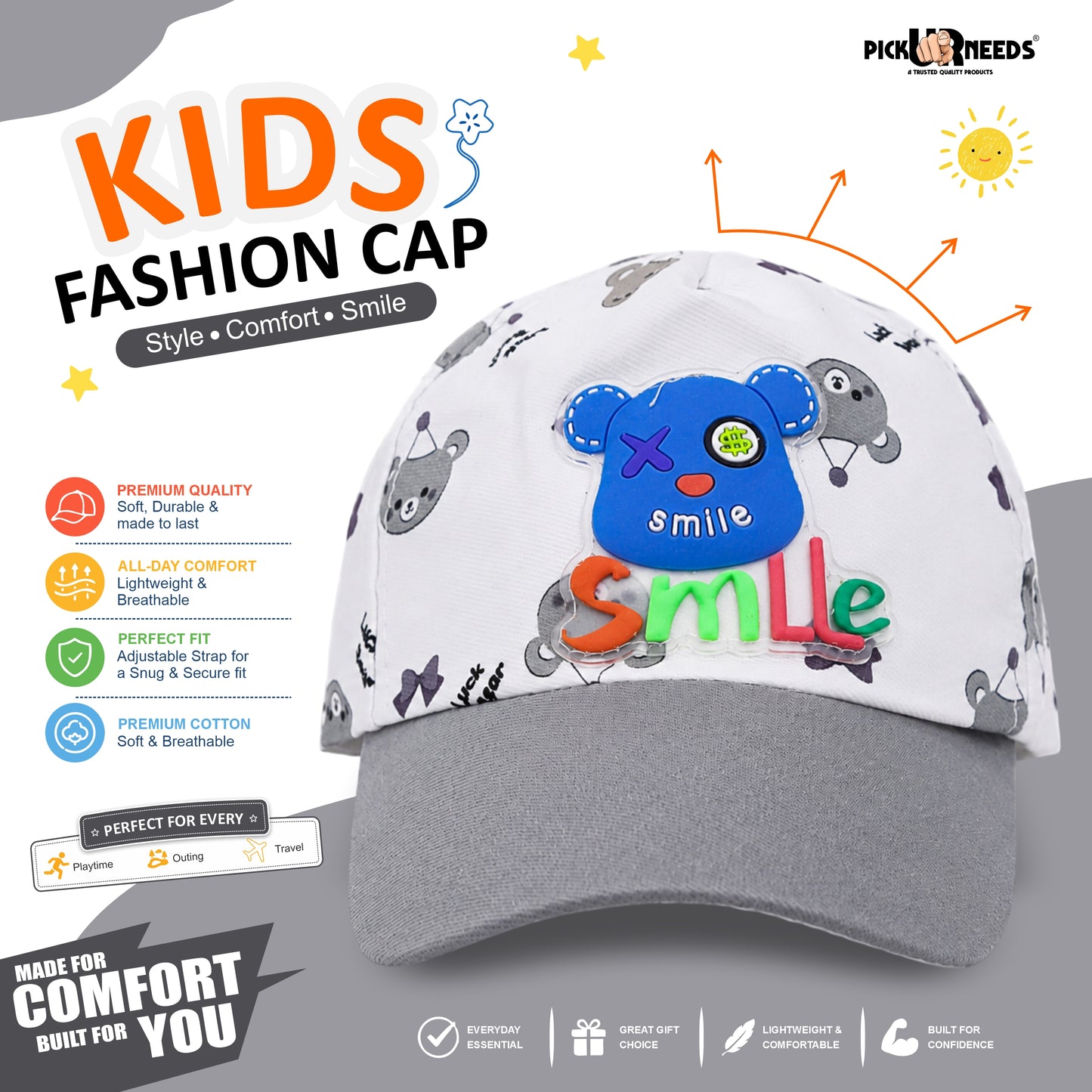 Pick Ur Needs Cute Smile Bear Kids Baseball Cartoon Printed Adjustable Cap for Boys & Girls Lightweight Hat
